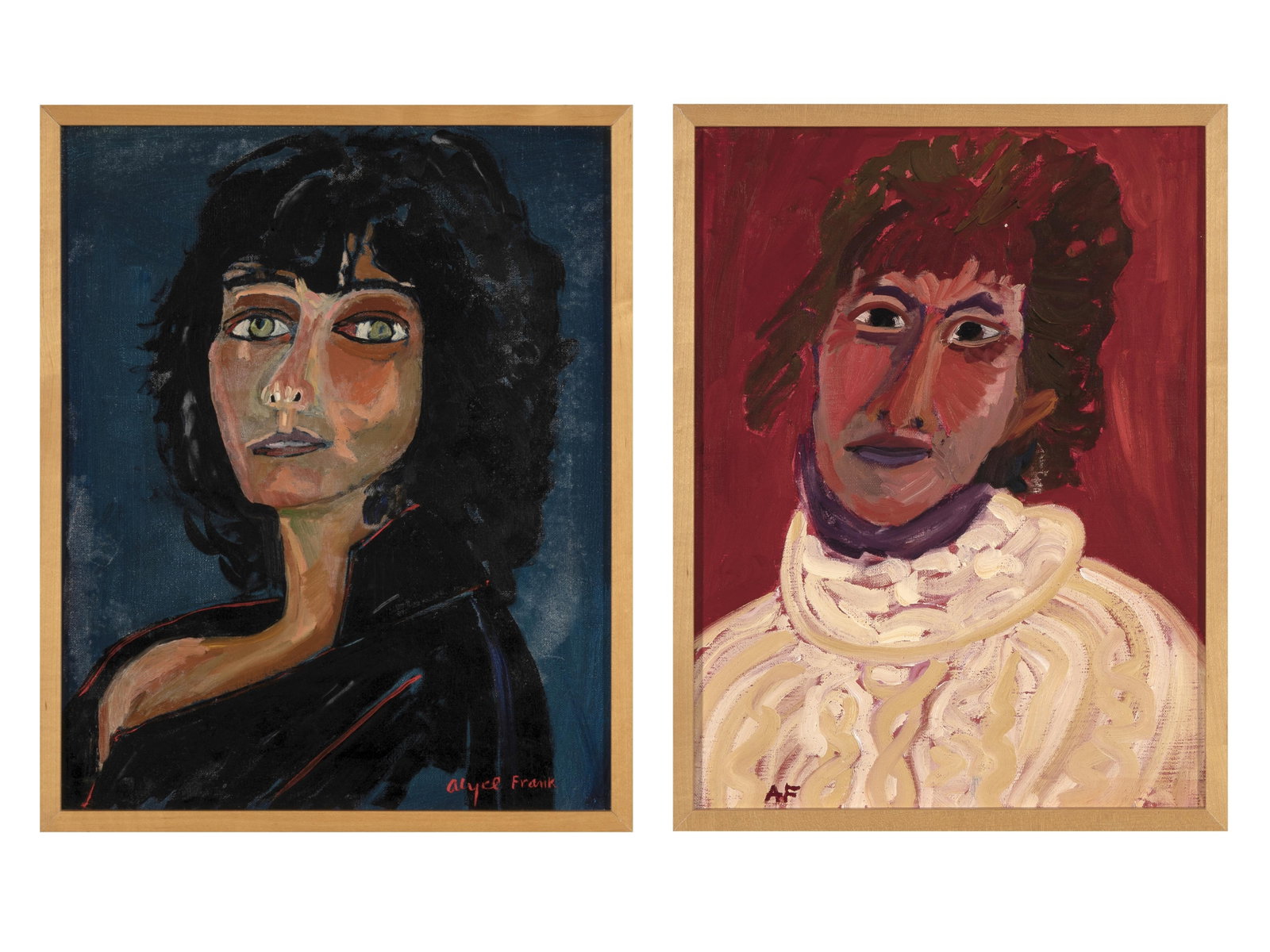 Alyce Frank, Two Portraits: Debra + Russian Peasant: Alyce Frank 1932 - 2024 Two Portraits: Debra + Russian Peasant oil on linen Debra signed lower right: Alyce Frank inscribed verso: Debra / Alyce Frank 19 3/4 x 15 3/4 in. (50.17 x 40.01 cm.), frame: 2