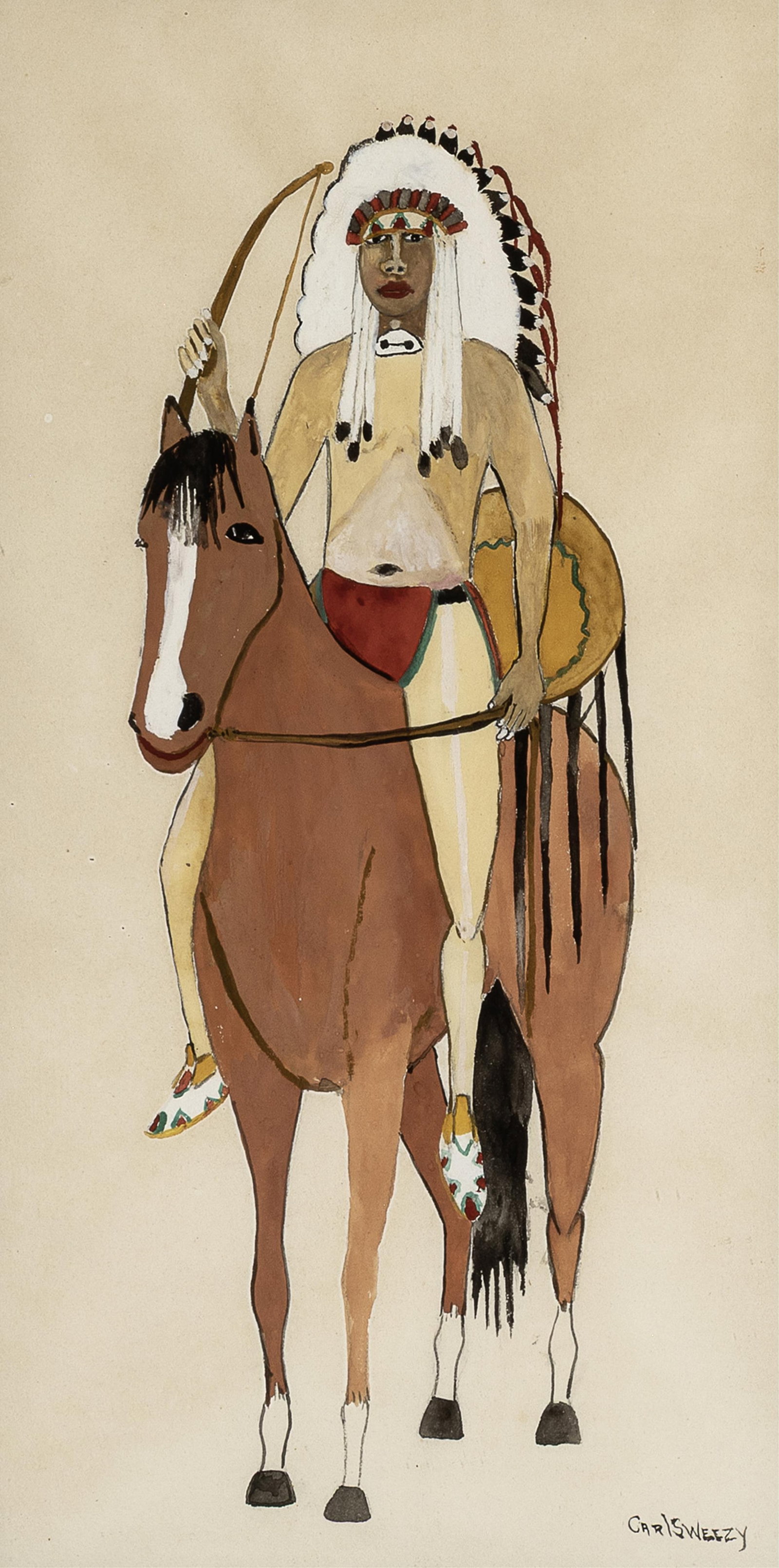 Carl Sweezy, Untitled (Warrior): Carl Sweezy Arapaho, 1881 - 1953 Untitled (Warrior) watercolor, gouache signed lower right: CARl SWEEZy 17 1/4 x 8 1/8 in. (43.8 x 20.6 cm.), frame: 24 3/4 x 16 x 1 1/4 in. (62.9 x 40.6 x 3.2 cm.) Pr