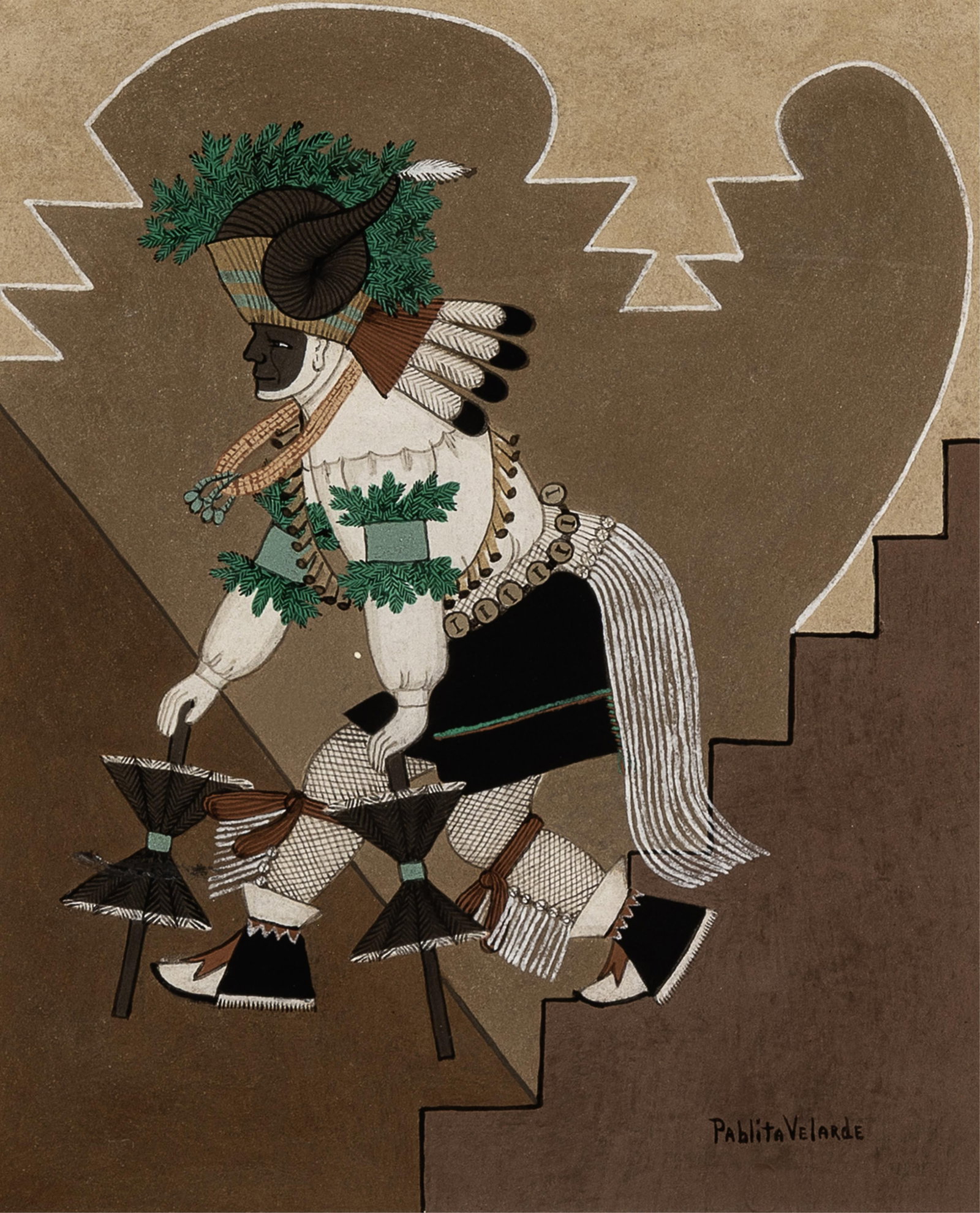 Pablita [Tse Tsan] Velarde, Mountain Sheep (Big Horn) Dancer: Pablita [Tse Tsan] Velarde Santa Clara, 1918 - 2006 Mountain Sheep (Big Horn) Dancer earth pigments on board signed lower right: PAblitA VElARdE inscribed verso: Santa Clara Pueblo / Mountain Sheep (B