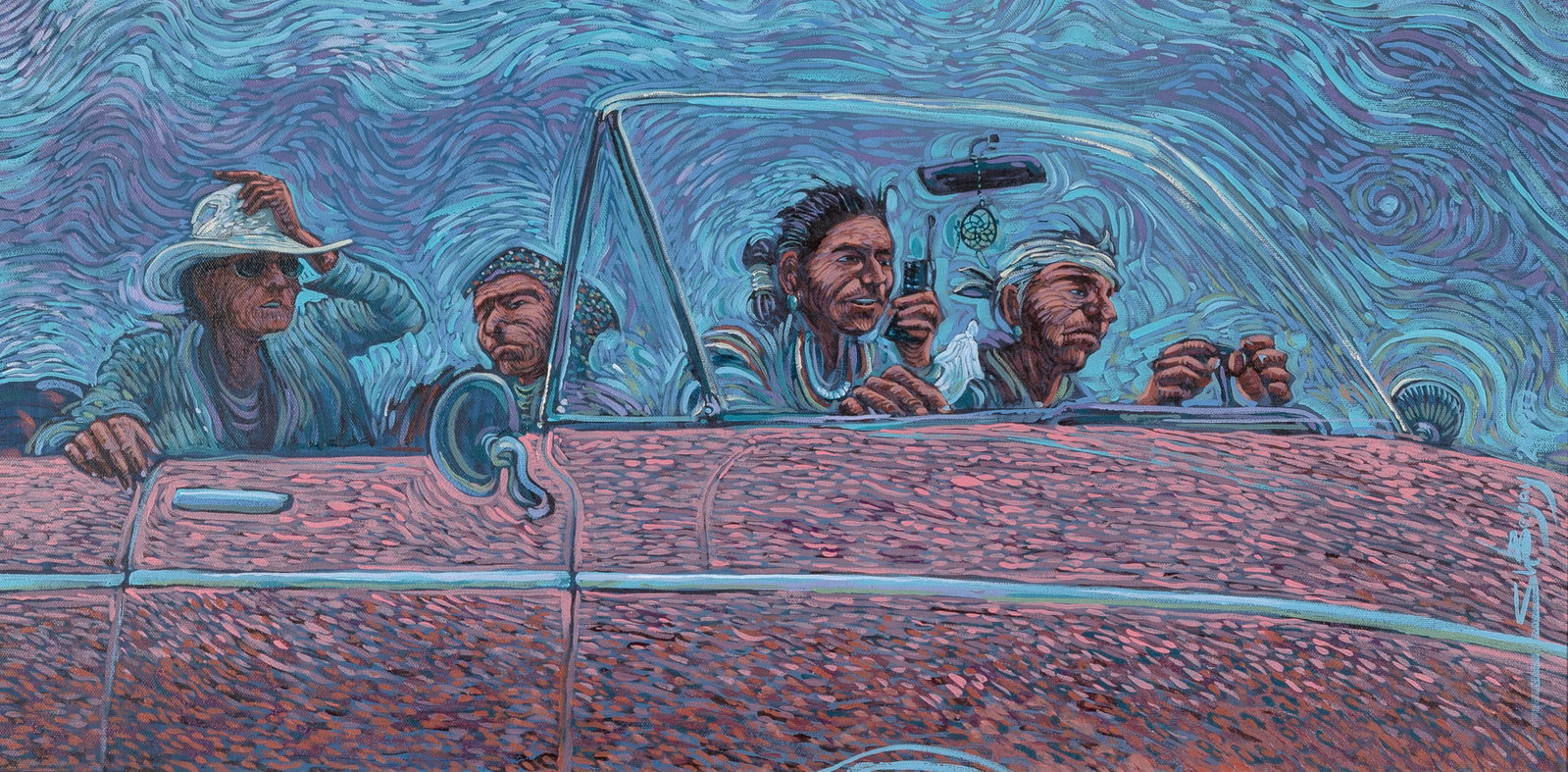 Shonto Begay, Late to the Feast, 2000: Shonto Begay Diné (Navajo), b. 1954 Late to the Feast, 2000 acrylic on canvas signed and dated lower right: ShBegay 2000 14 1/2 x 29 1/2 in. (36.8 x 74.9 cm.), sheet: 15 3/4 x 30 1/2 in. (40 x 77.5 c