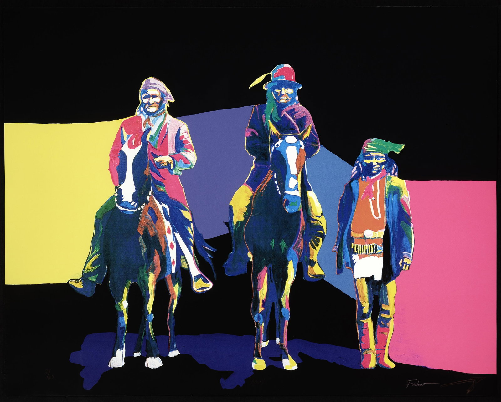 Malcolm Furlow, Apache, ca. 1989: Malcolm Furlow Choctaw, 1946 - 2023 Apache, ca. 1989 serigraph on PTI Supra paper, edition 2 of 100 editioned lower left: 2/100 titled lower center: "APACHE" signed lower right: Furlow 38 x 48 in. (96