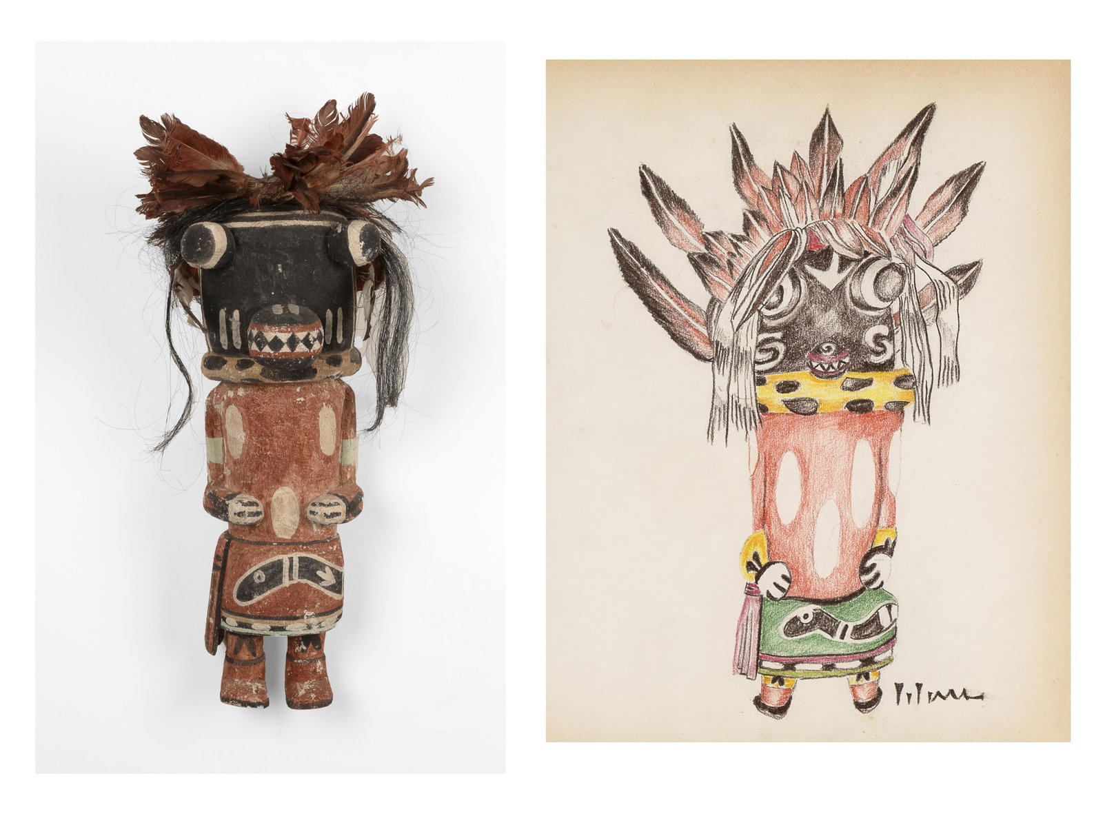 Manfred Susunkewa + Charles Loloma, Two Tsaveyo (Ogre) Works: Katsina + Drawing: Manfred Susunkewa + Charles Loloma Hopi, b. 1940 + 1921 - 1991 Two Tsaveyo (Ogre) Works: Katsina + Drawing Manfred Susunkewa Hopi, b. 1940 Tsaveyo (Ogre) Katsina carved cottonwood, natural pigments, f
