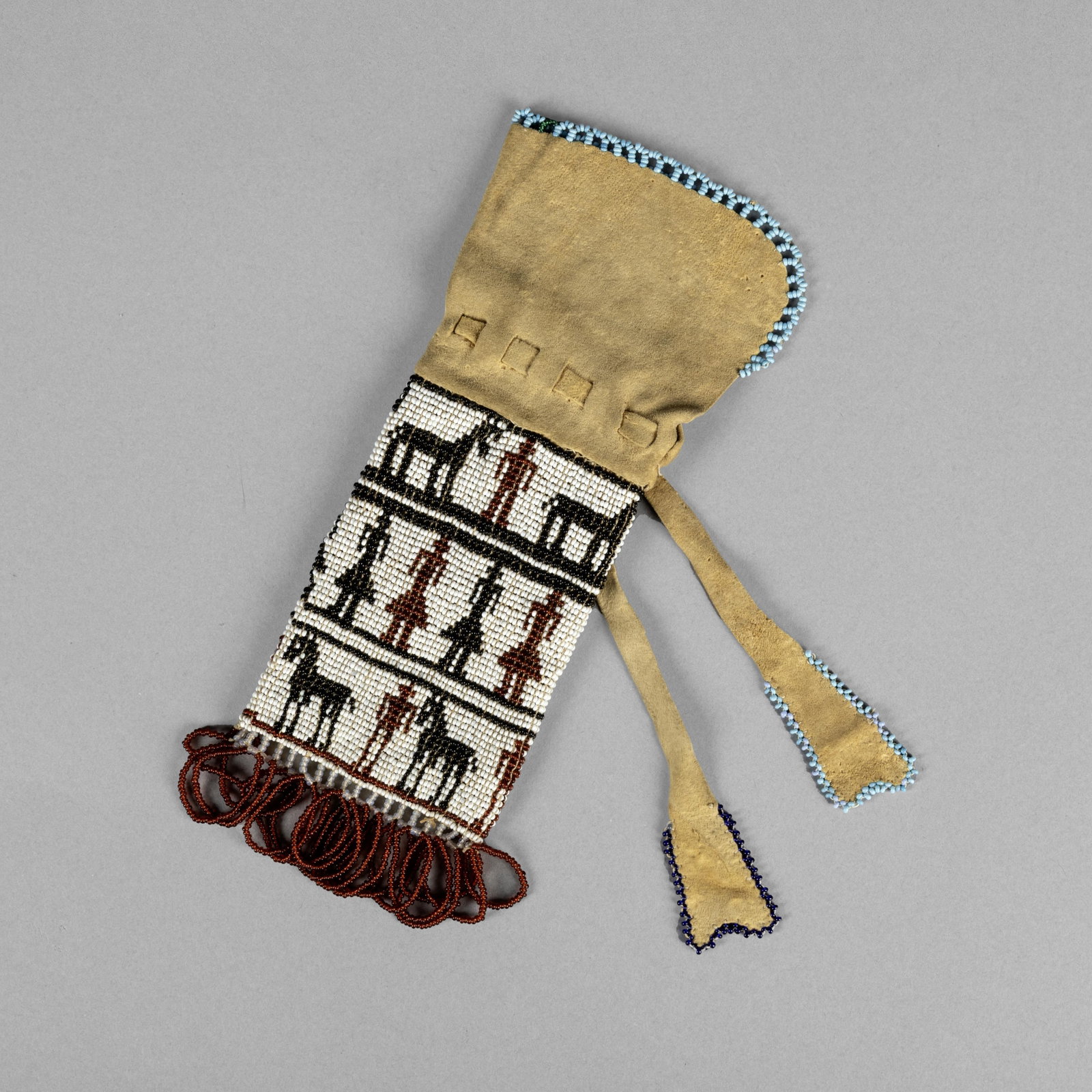 attributed to [Ellen Underwood], Beaded Bag, ca. late 19th Century: attributed to [Ellen] [Underwood] Wasco, 1849 - 1908 Beaded Bag, ca. late 19th Century seed beads, hide 7 1/4 x 3 in. (18.4 x 7.6 cm.), fringe: 1 in. (2.5 cm.) Private Collection, Arizona