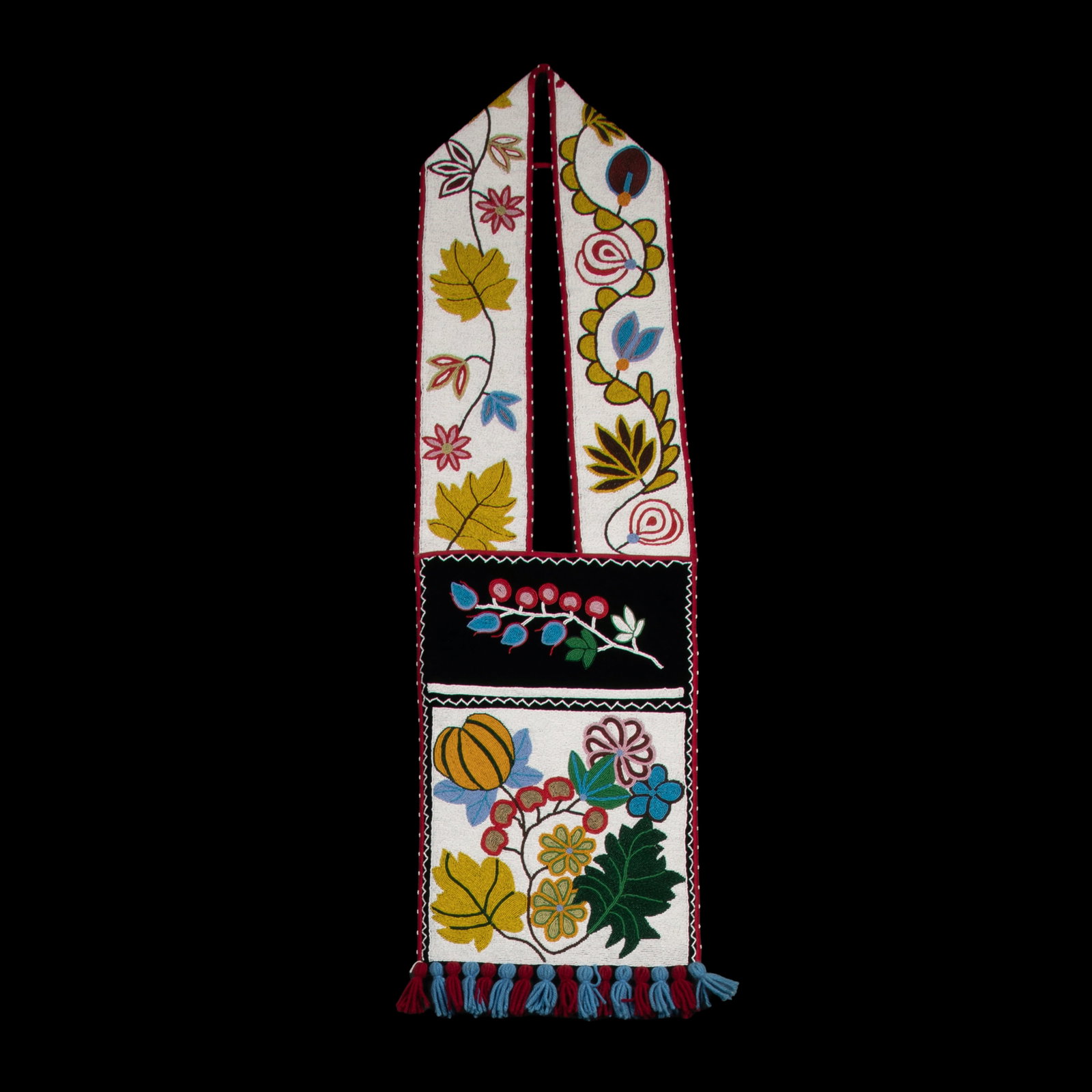 Sylvia Spotted Wolf, Beaded Bandolier Bag: Sylvia Spotted Wolf Cheyenne, 20th/21st Century Beaded Bandolier Bag cloth, seed beads 48 1/2 x 13 1/4 in. (123.2 x 33.7 cm.) Private Collection, New Mexico