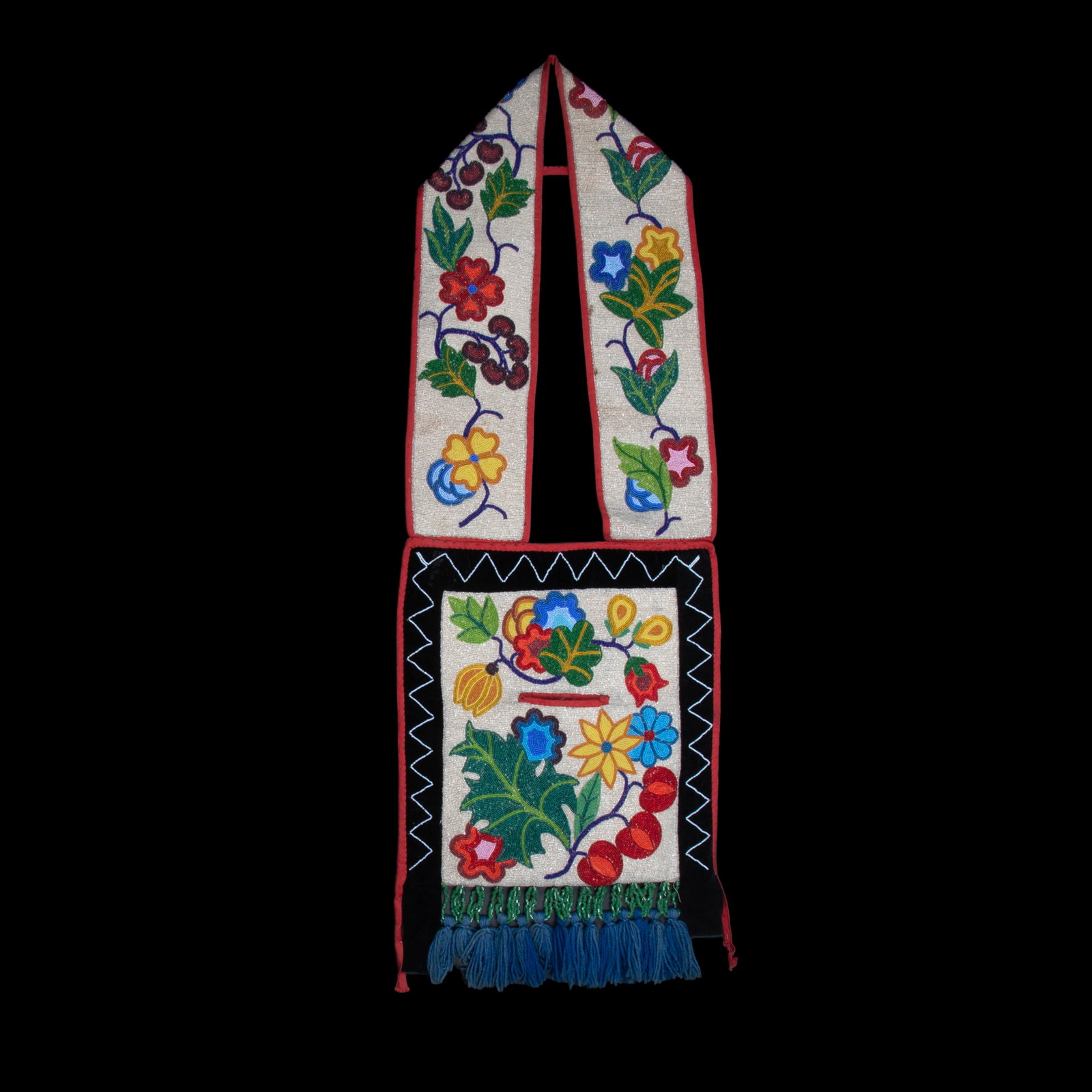 Beaded Bandolier Bag, glass beads and cloth, 42 3/4 x 15 5/8 in. (108.6 x 39.7 cm.): Beaded Bandolier Bag seed beads, cloth 42 3/4 x 15 5/8 in. (108.6 x 39.7 cm.)