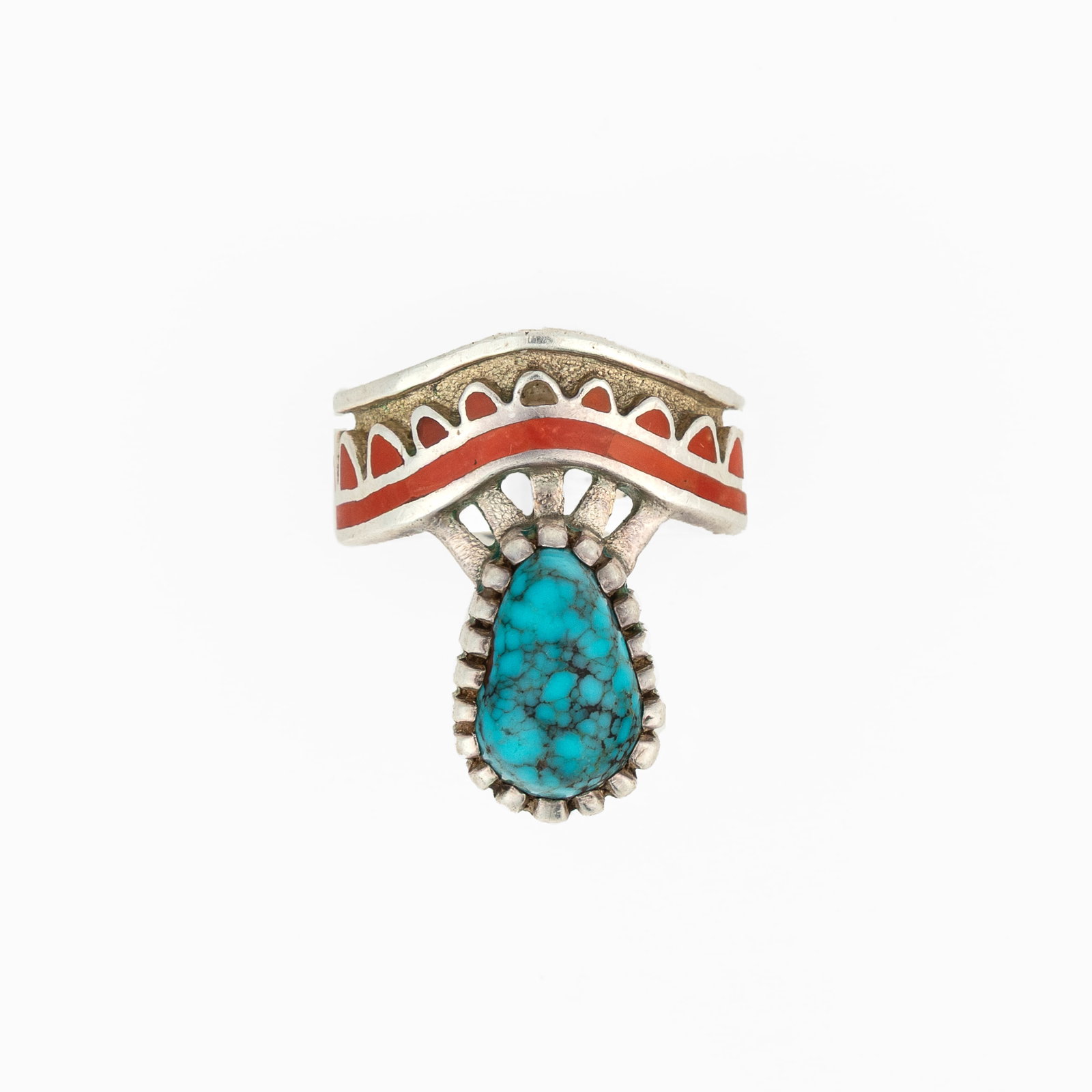 Vernon Haskie, Coral Inlay Ring with Turquoise Cabochon: Vernon Haskie Diné (Navajo), 20th/21st Century Coral Inlay Ring with Turquoise Cabochon sterling silver, turquoise, coral stamped: VERNON HASKIE / STERLING gross weight: 16 g. ring size: 8 1/2 P