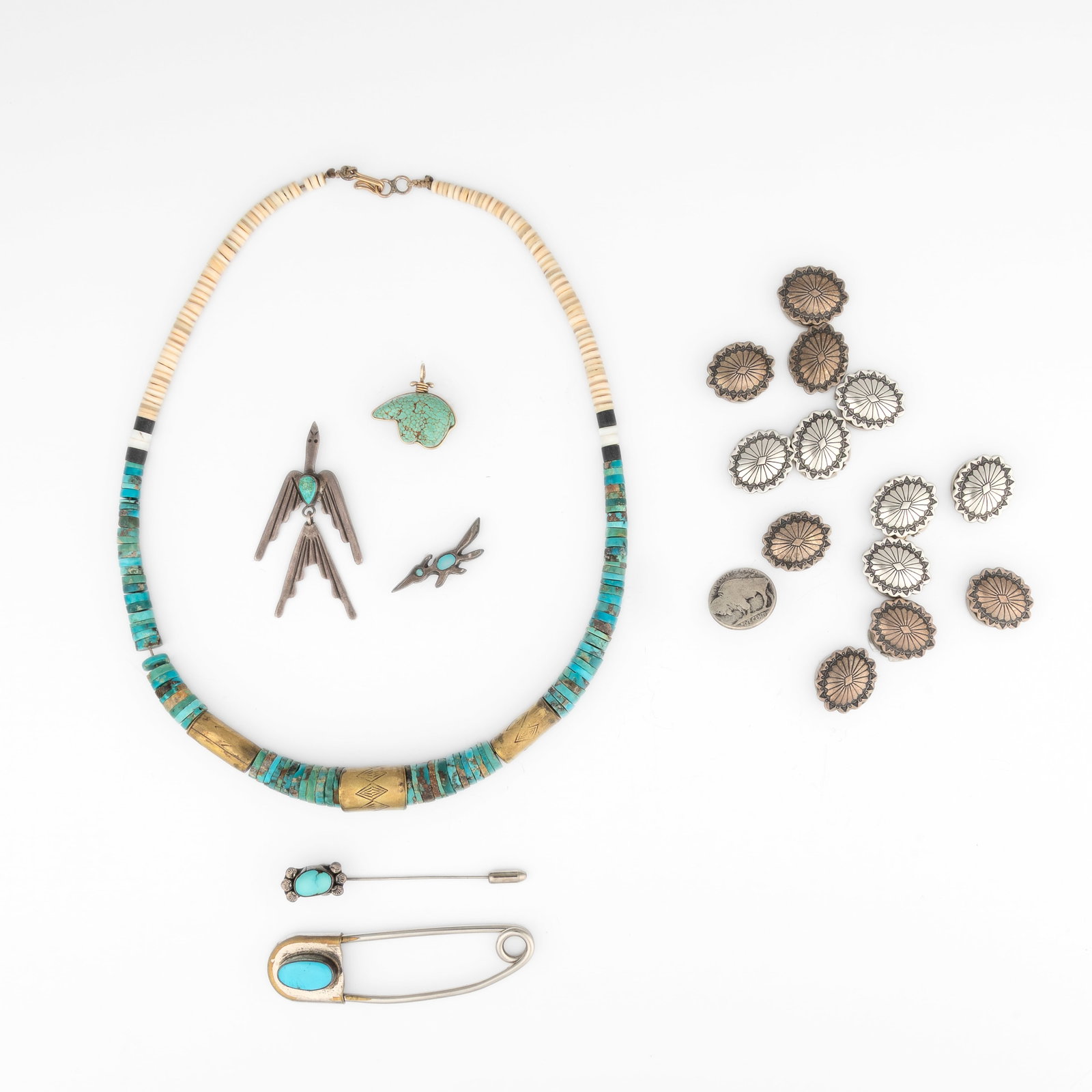 Group of Silver and Turquoise Jewelry Works: Pins + Buttons + Necklace (1 of 2)