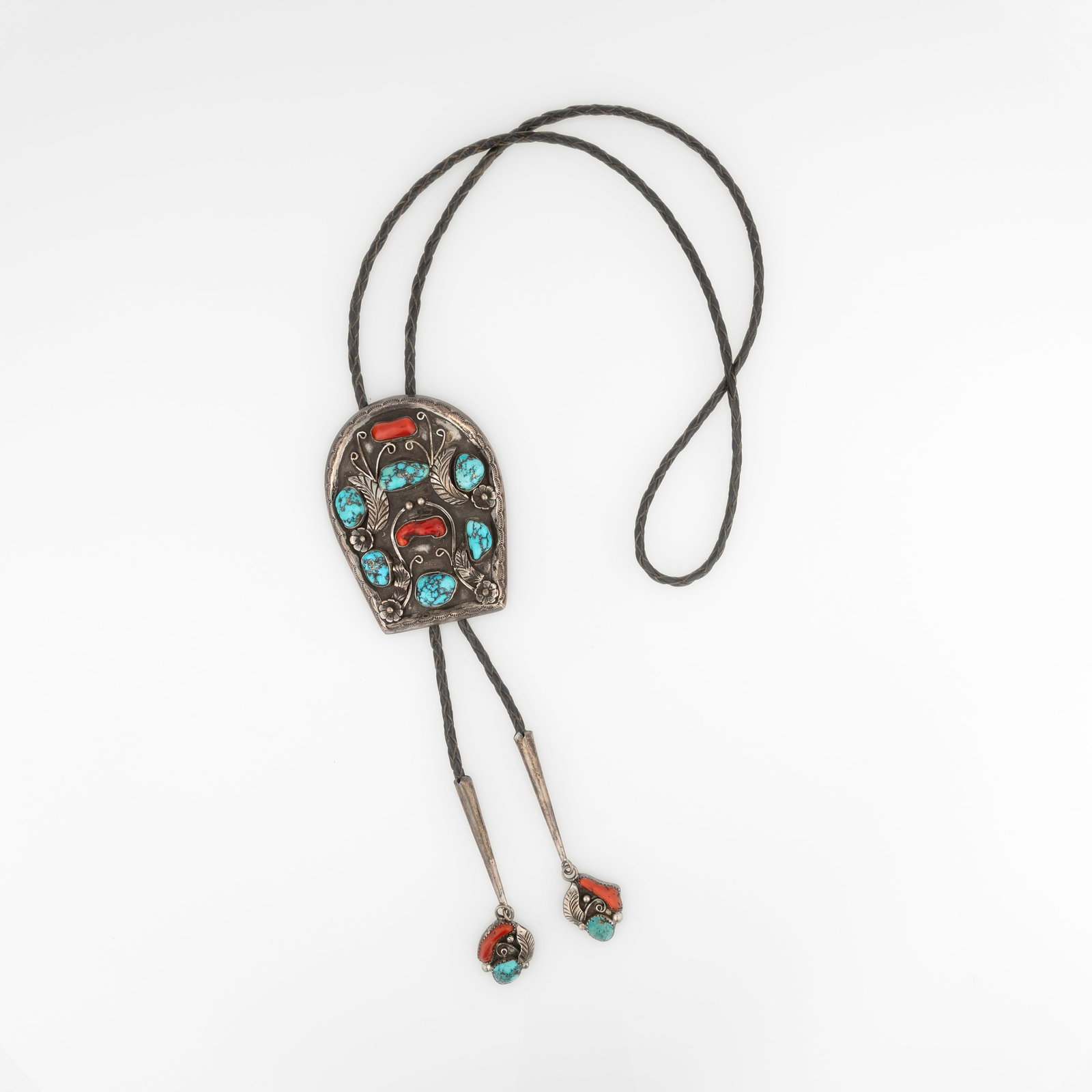 Morris Wauneka, Sterling Silver Bolo Tie with Turquoise and Coral Cabochons, ca. 1955 - 1965 (1 of 3)