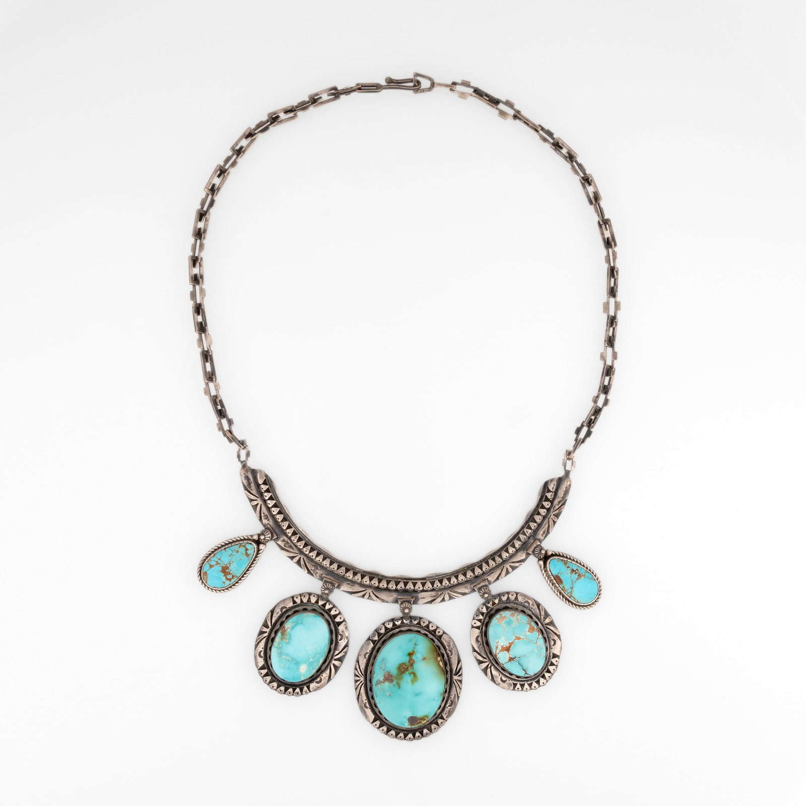 Diné (Navajo) + Isleta, Sterling Silver Choker with Five Turquoise Pendants, ca. 1960 (1 of 3)