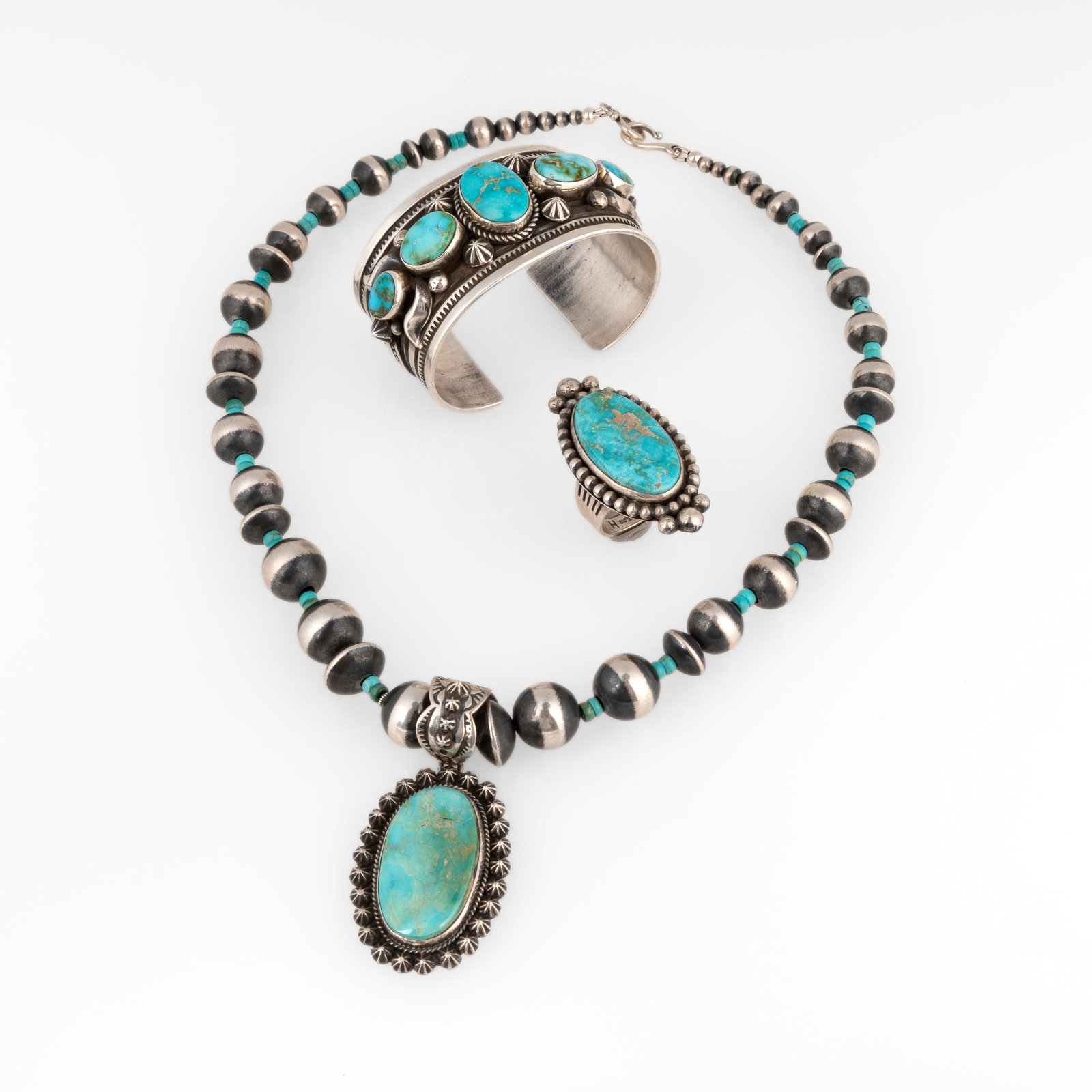 Albert Jake + Happy Piasso, Set of Three Turquoise and Sterling Jewelry Works: Necklace + Ring + (1 of 3)