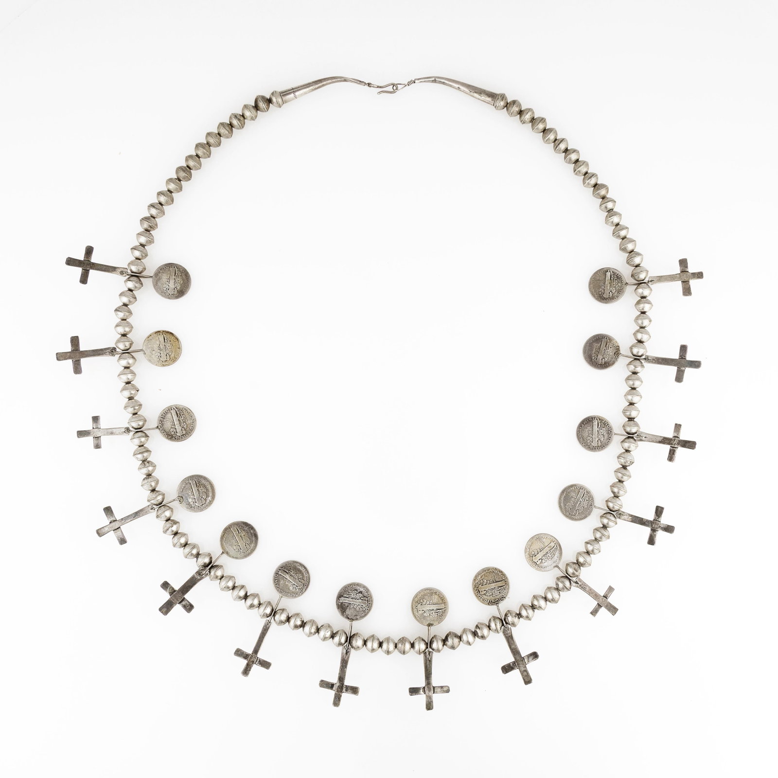 Diné (Navajo), Bench Bead Necklace with Crosses + Dimes (1 of 2)