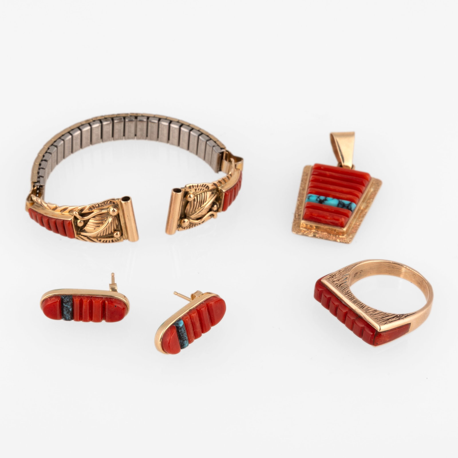 Harrison Jim et al, Set of 14k Gold and Coral Jewelry Items: Ring + Earrings + Watch Band + Pendant (1 of 3)