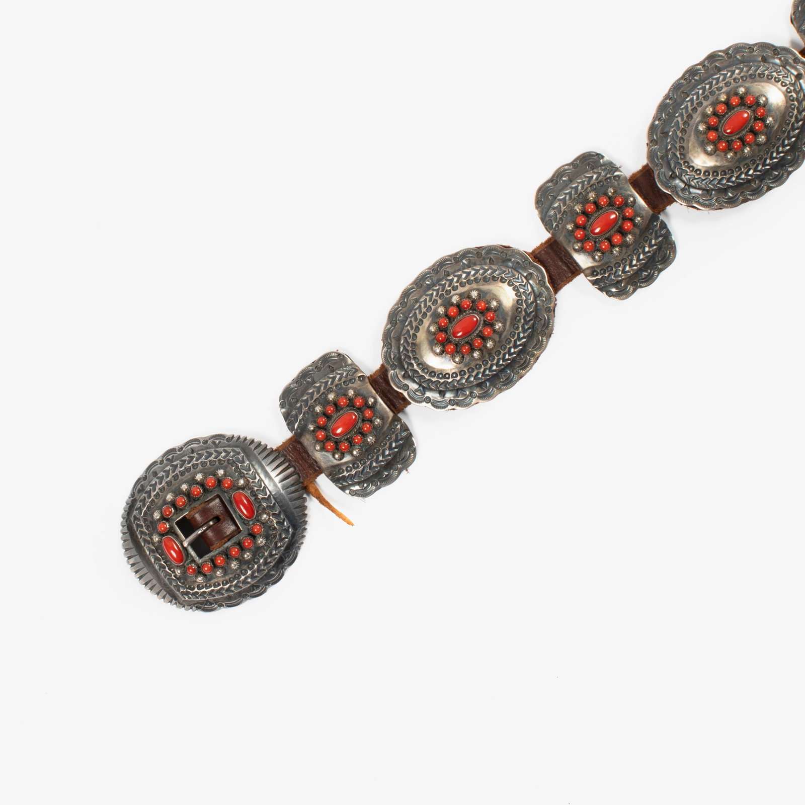 Kenny Bracken, Silver and Coral Cluster Concho Belt, ca. 1980 (1 of 3)