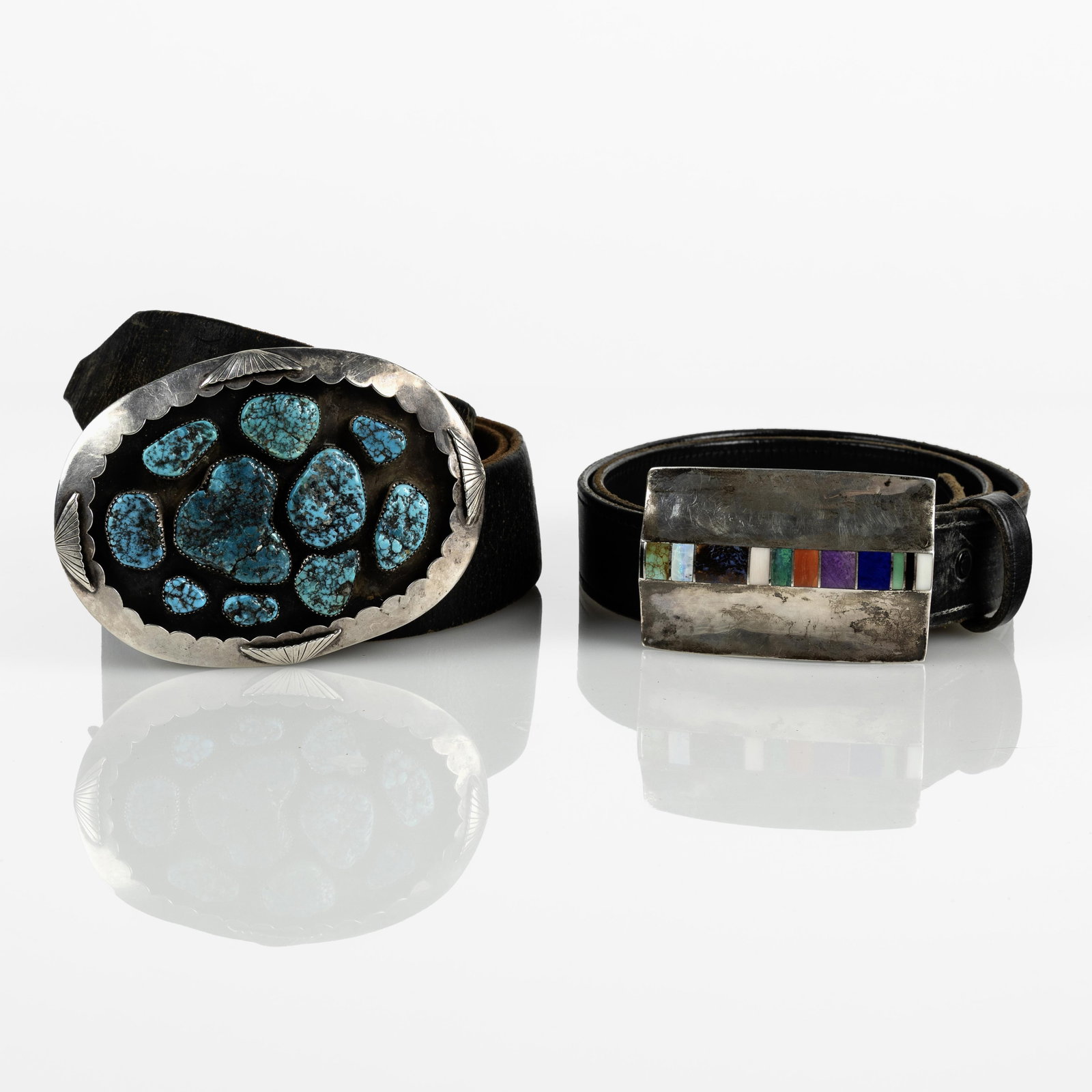 Diné (Navajo), Two Belts: Turquoise Buckle, ca. 1980 + Mixed Stone Inlay Buckle, ca. 2000: Diné (Navajo) Two Belts: Turquoise Buckle, ca. 1980 + Mixed Stone Inlay Buckle, ca. 2000 silver, turquoise, lapis, coral, malachite, jet gross weight: 431 g. turquoise belt: 3 1/4 x 45 1/2 in. (8.3