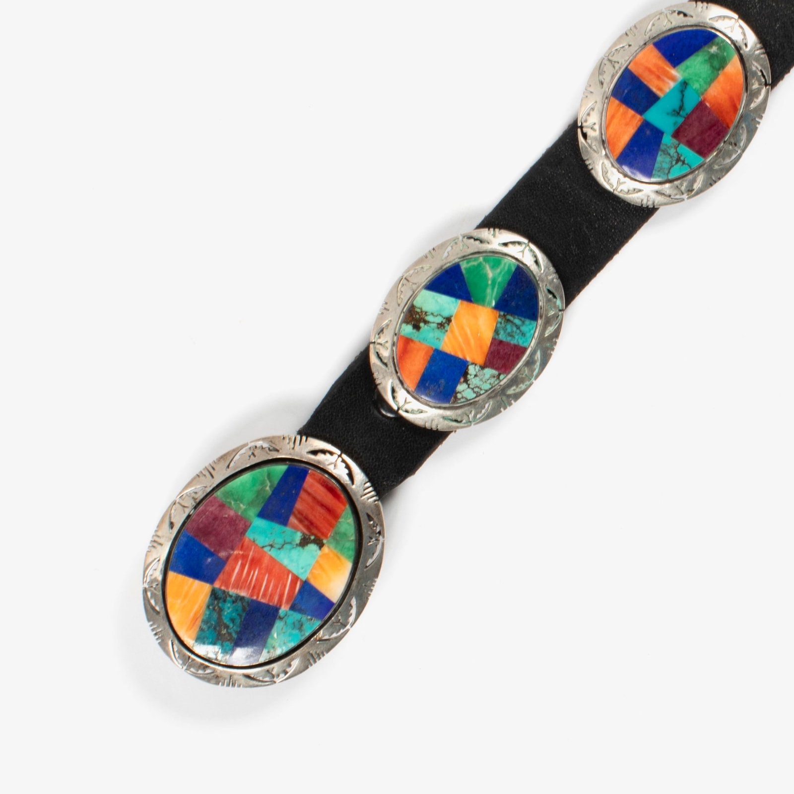 Benjamin Piaso Jr., Sterling Silver Concho Belt with Mixed Stone Inlay, ca. 2000: Benjamin Piaso Jr. Dine (Navajo), b. 1964 Sterling Silver Concho Belt with Mixed Stone Inlay, ca. 2000 sterling silver, spiny oyster, lapis, turquoise, malachite stamped: B. PIASO JR. / Sterling gross
