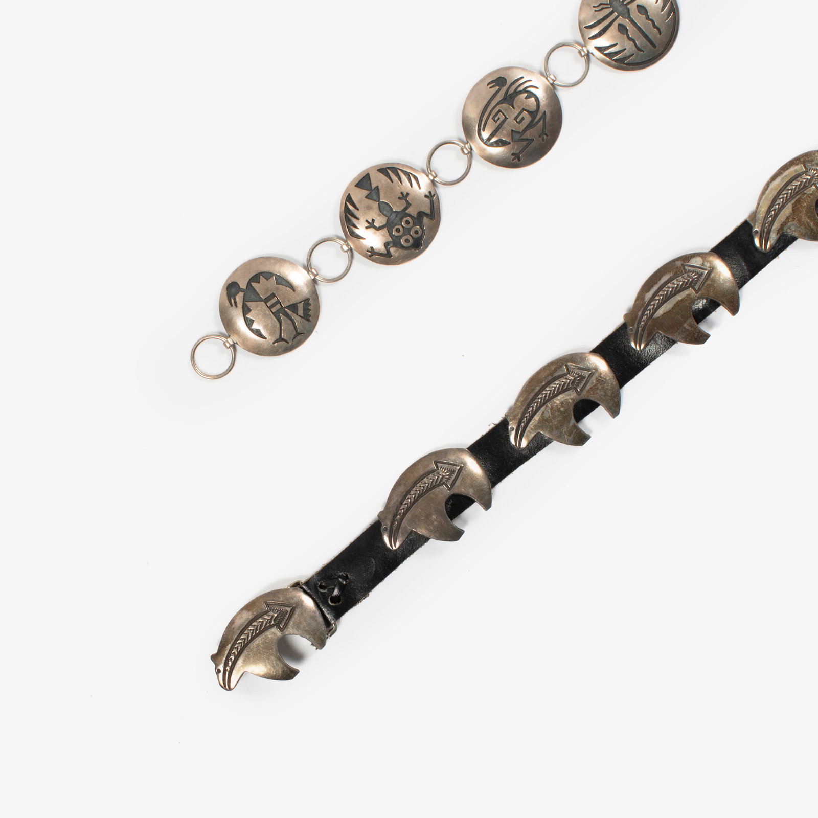 Manuel Hoyungwa et al, Two Silver Belts: Bear Concho + Shadowbox Link Belt: Manuel Hoyungwa et al Hopi, ca. 1953 - 2011 Two Silver Belts: Bear Concho + Shadowbox Link Belt sterling silver Manuel Hoyungwa Hopi, ca. 1953 - 2011 Shadowbox Link Belt stamped: [artist's cipher]