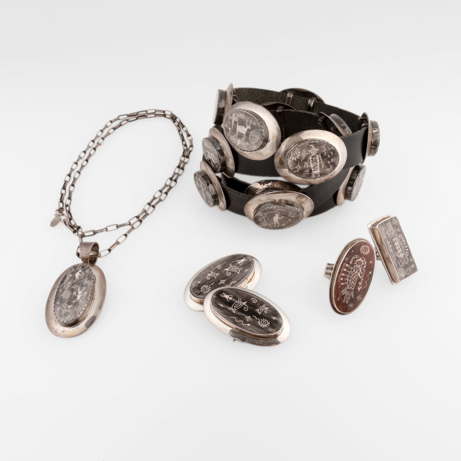 Allen Aragon, Suite of Five Jewelry Works: Two Rings + Pair of Earrings + Necklace + Concho Belt (1 of 6)