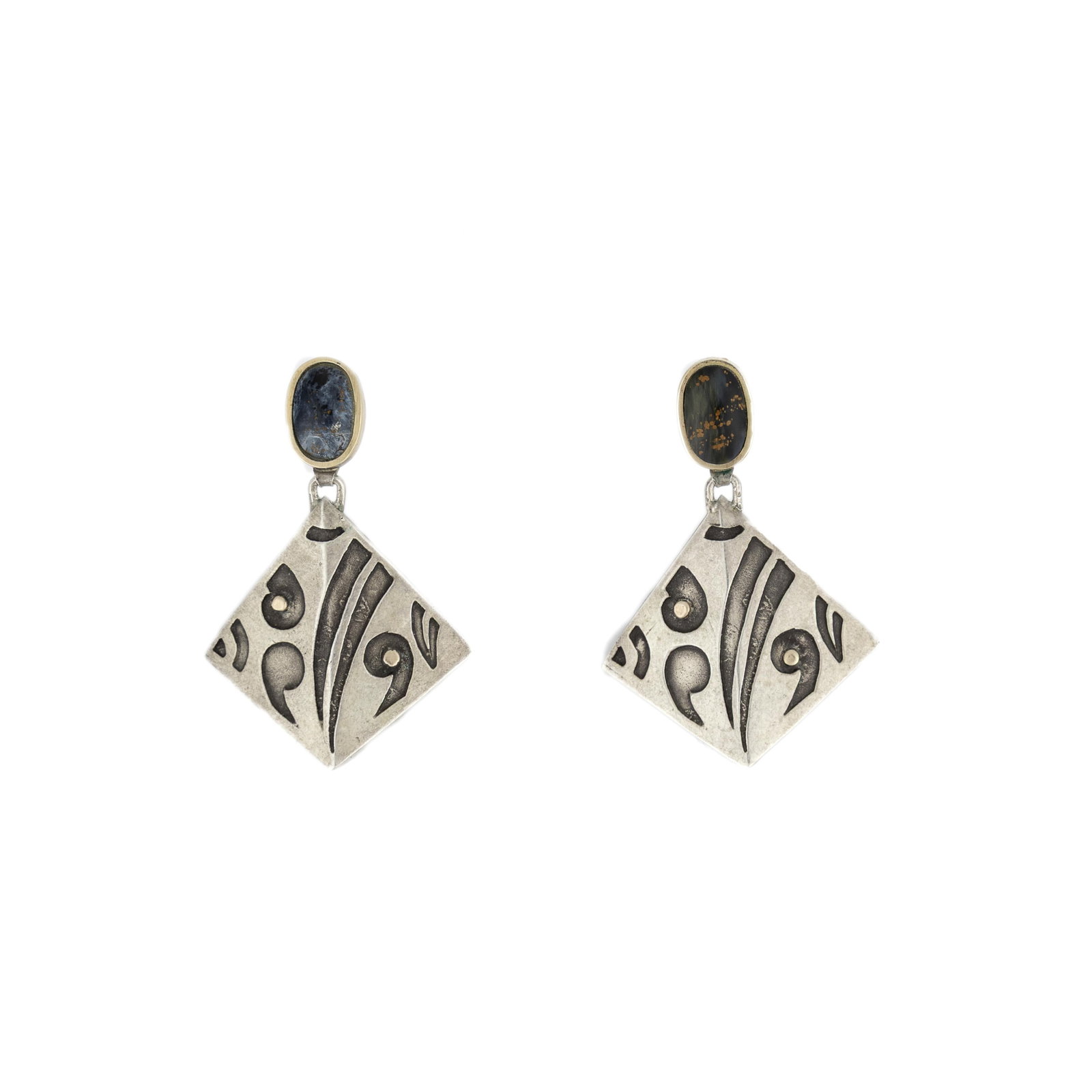 Dawn Wallace, Pair of Gold and Sterling Silver Earrings with Spectrolite Cabochons: Dawn Wallace Chugach-Aleut, b. 1983 Pair of Gold and Sterling Silver Earrings with Spectrolite Cabochons 14k gold, sterling silver, spectrolite each stamped: Dawn / Wallace / .925 14K gross weight: