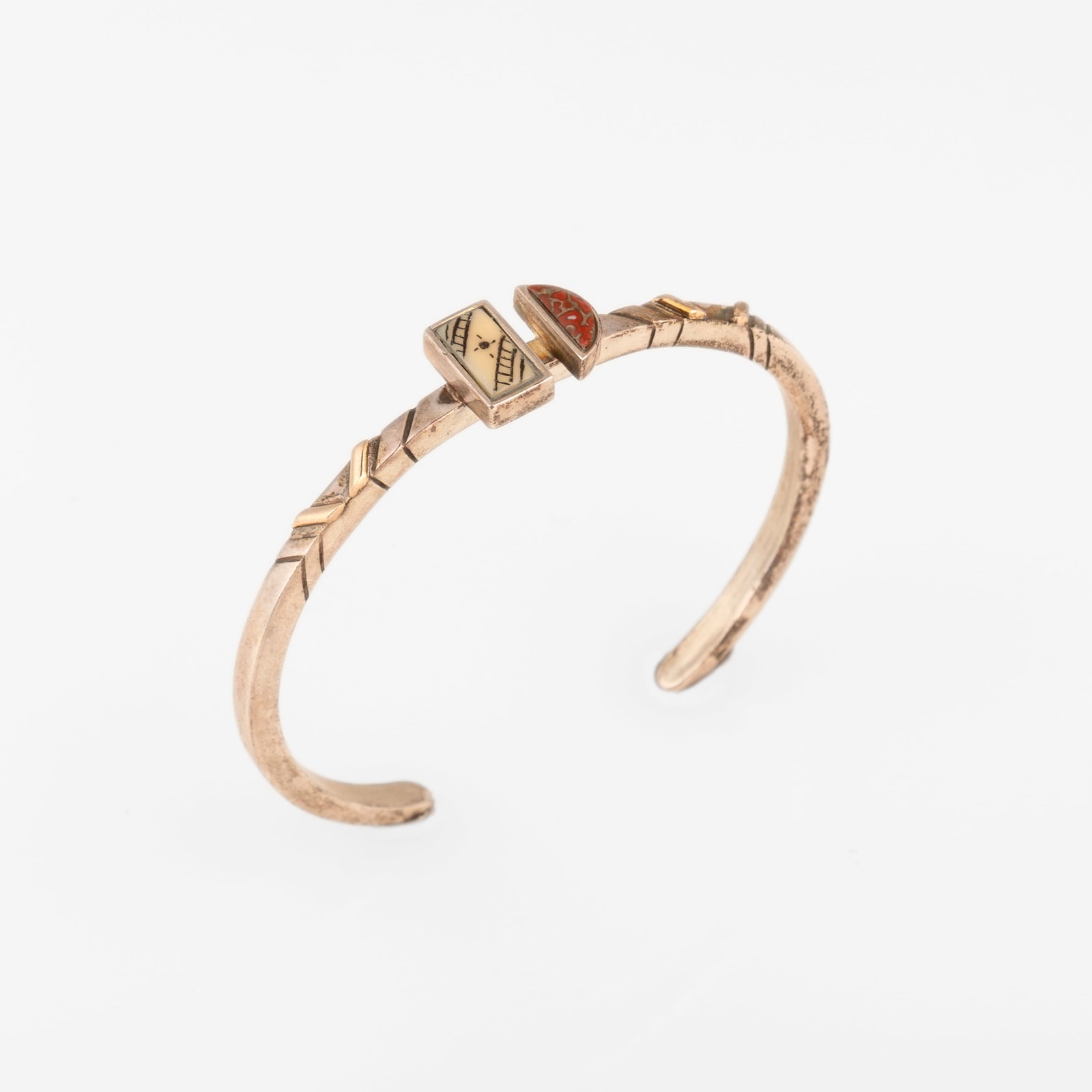 Dawn Wallace, 14k Gold + Sterling Silver Cuff: Dawn Wallace Chugach-Aleut, b. 1983 14k Gold + Sterling Silver Cuff 14k gold, sterling silver, fossilized bone, jasper stamped: STERLING / 14K / Dawn Wallace gross weight: 17 g. inner circumference: