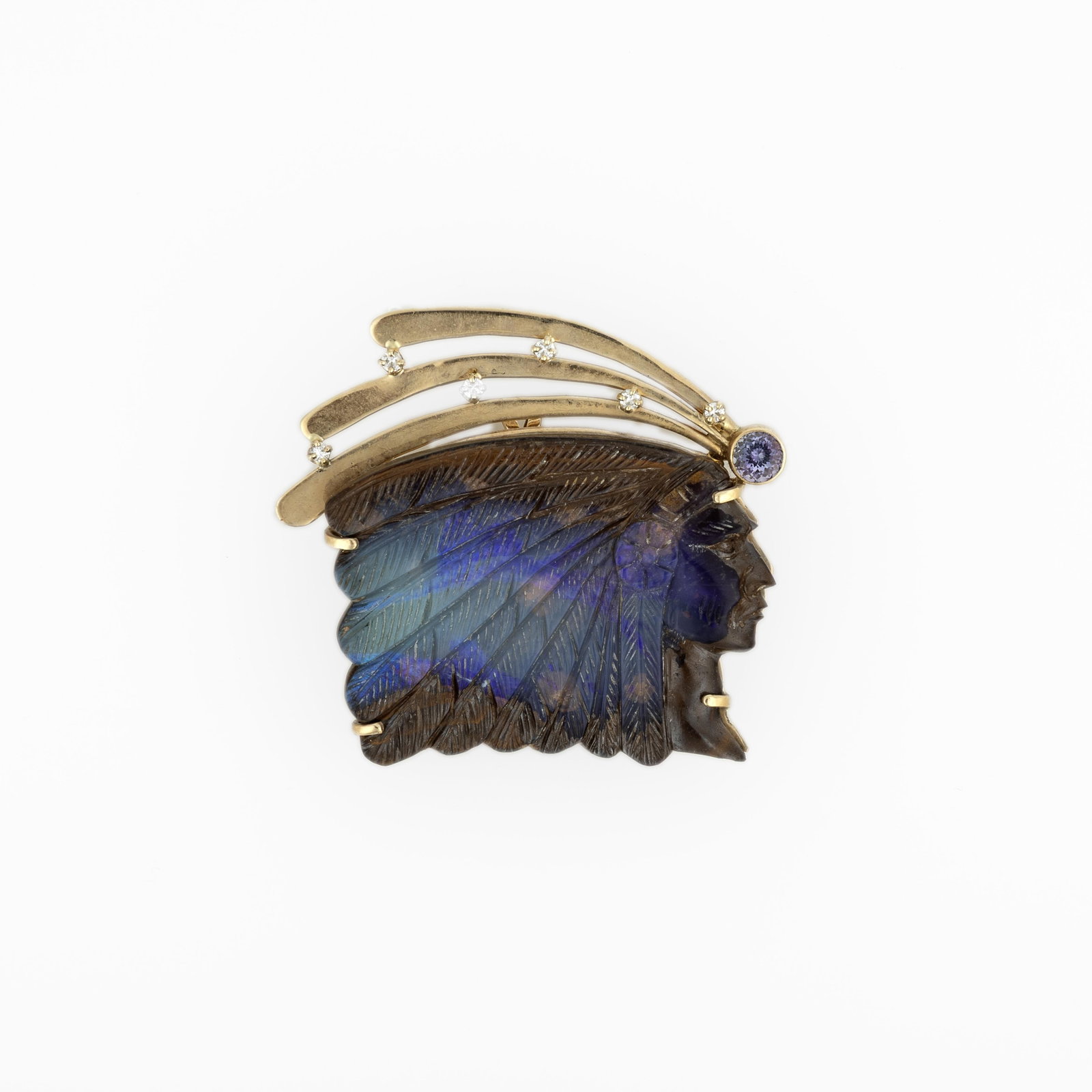 Vicki Thaler, Chief Blue Sky Pin/Pendant: Vicki Thaler 20th/21st Century Chief Blue Sky Pin/Pendant 14k gold, labradorite, diamonds, violet gemstone signed: Vicki Thaler / 14 k / Chief Blue Sky gross weight: 21 g. 1 5/8 x 2 in. (4.1 x 5.1
