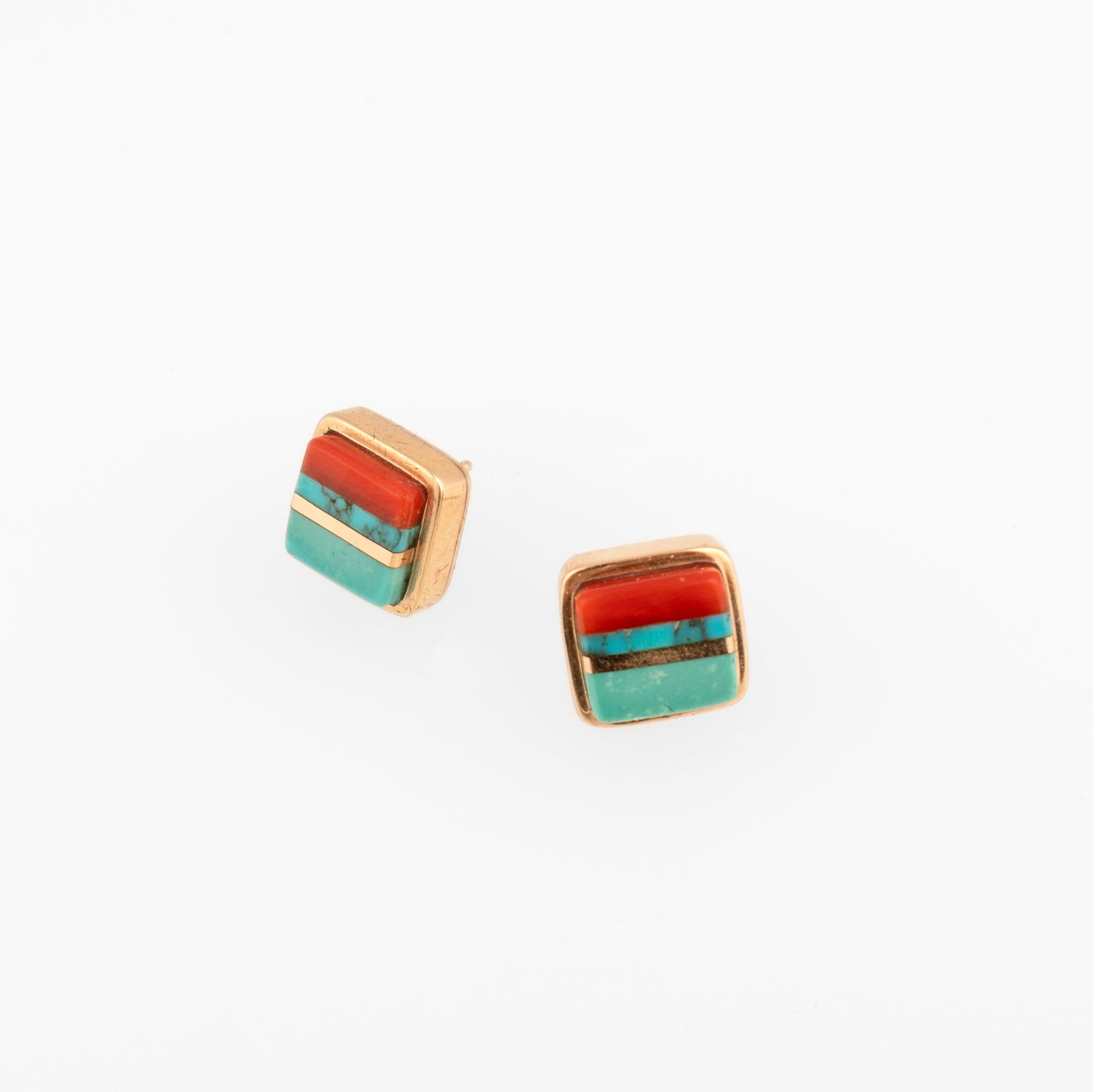Charles Loloma, Gold Inlay Earrings with Turquoise and Spiny Oyster: Charles Loloma Hopi, 1921 - 1991 Gold Inlay Earrings with Turquoise and Spiny Oyster gold, turquoise, spiny oyster each inscribed: loloma gross weight: 7 g. each: 1/2 x 1/2 in. (1.3 x 1.3 cm.) <