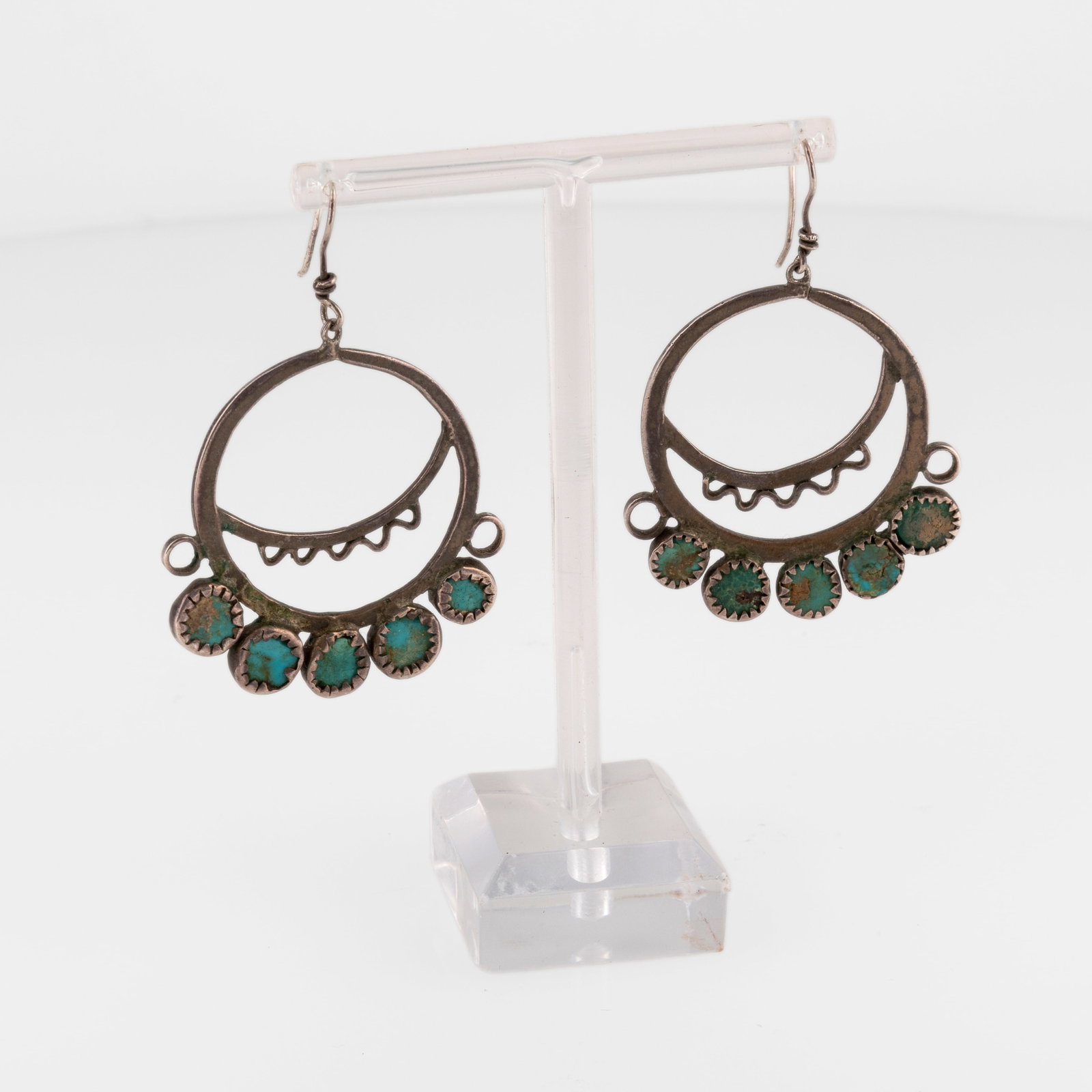 Diné (Navajo), Round Silver and Turquoise Drop Earrings, ca. 1890 - 1899: Diné (Navajo) Round Silver and Turquoise Drop Earrings, ca. 1890 - 1899 silver, turquoise gross weight: 15 g. each: 2 7/8 x 1 3/4 in. (7.3 x 4.4 cm.) Private Collection, New Mexico