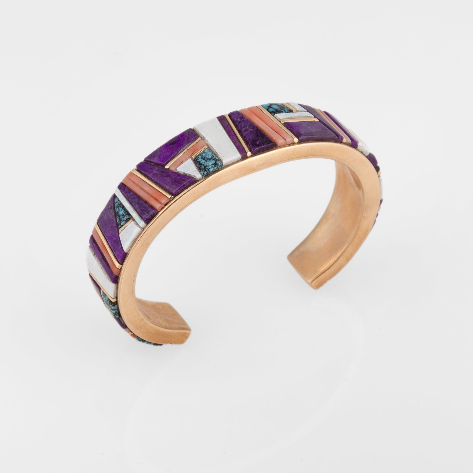 N. Walley, 14k Gold Cuff with Lapidary Stone Work: N. Walley Diné (Navajo), 20th/21st Century 14k Gold Cuff with Lapidary Stone Work 14k gold, turquoise, opal, shell, sugilite stamped: WALLEY / NG / 14K gross weight: 52 g. inner circumference: 4 7/8 