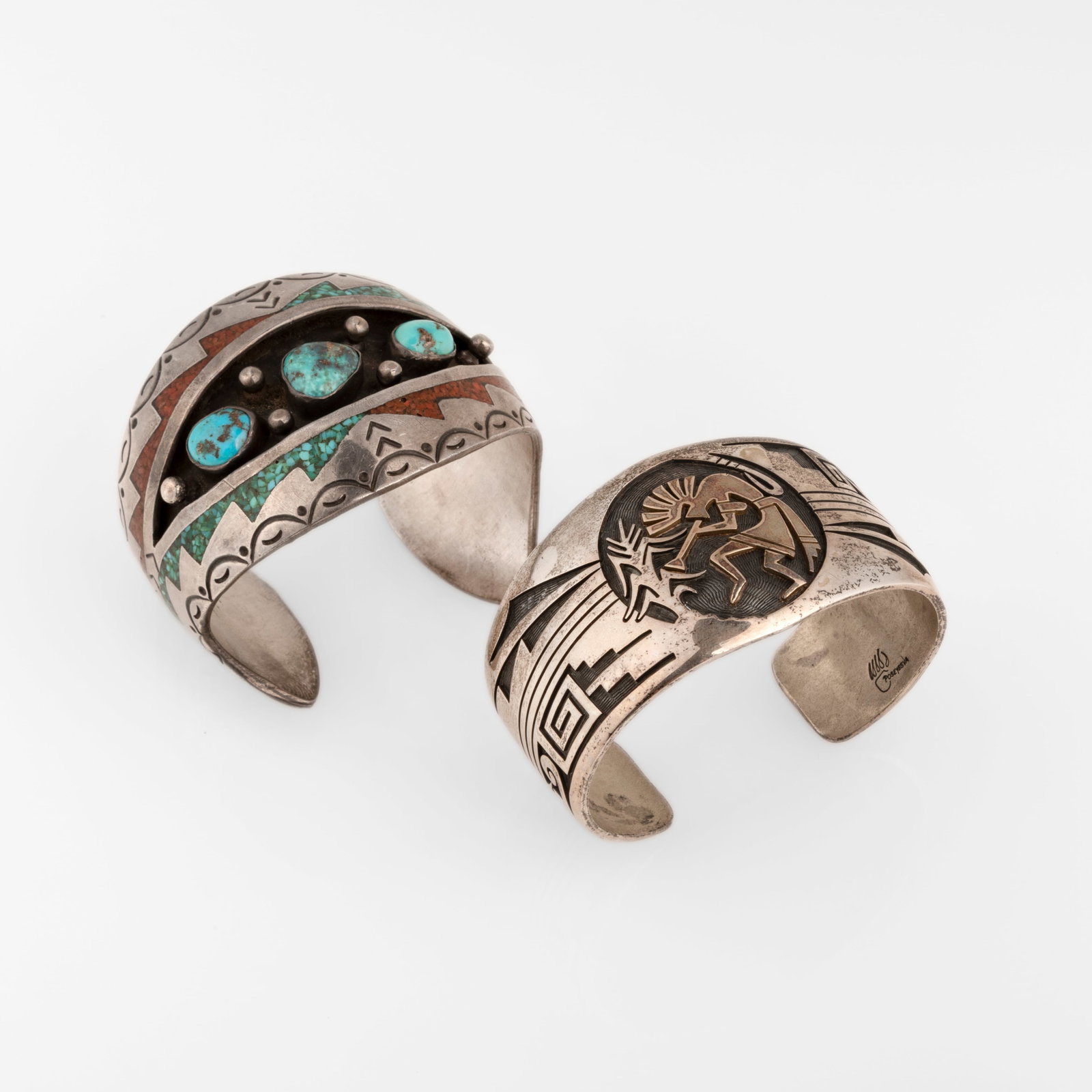 Philbert Poseyesva et al, Two Silver Cuffs: Kokopelli Overlay + Chip Inlay (1 of 3)