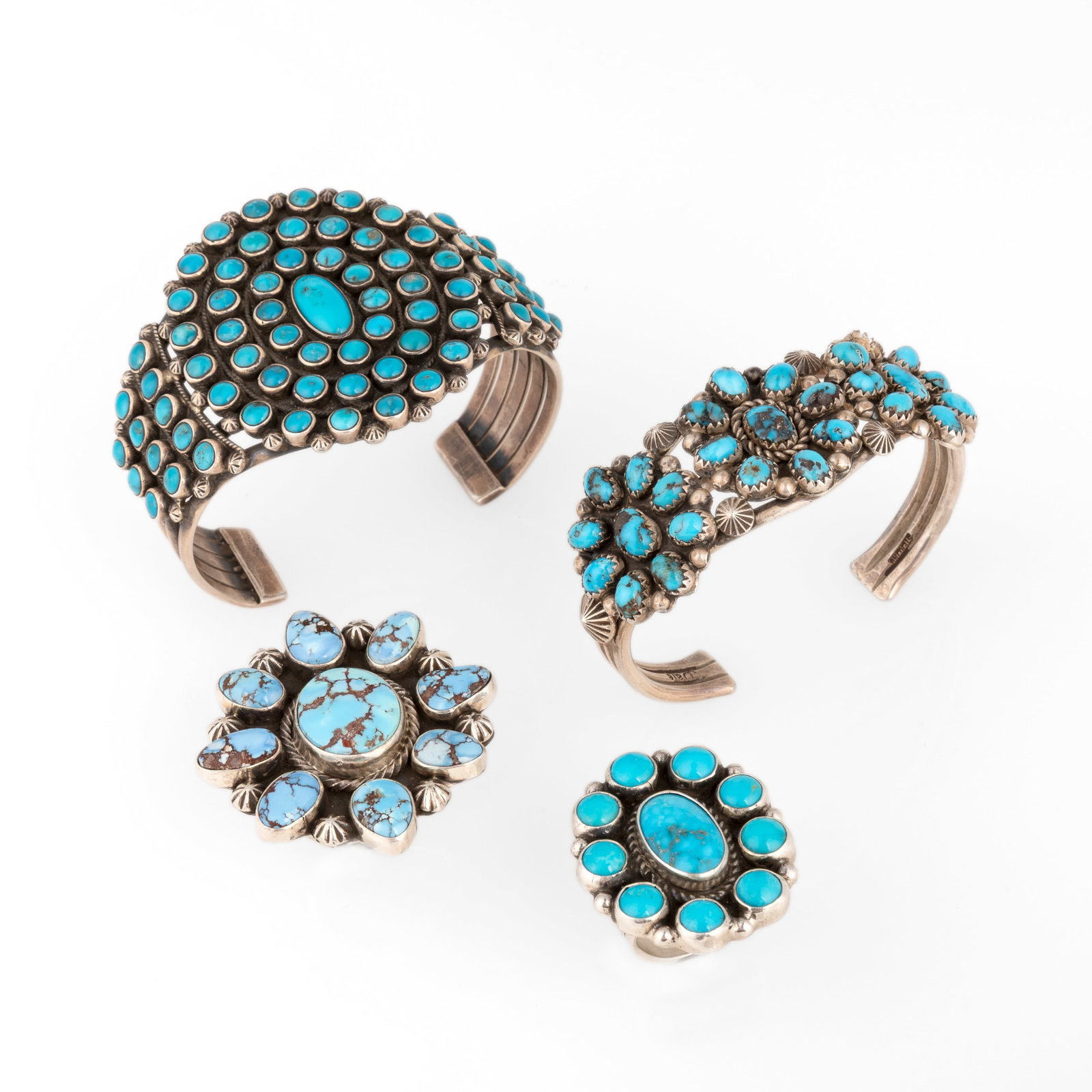 Verdy Jake et al, Suite of Four Turquoise Cluster Jewelry Items: Two Cuffs + Two Rings (1 of 3)