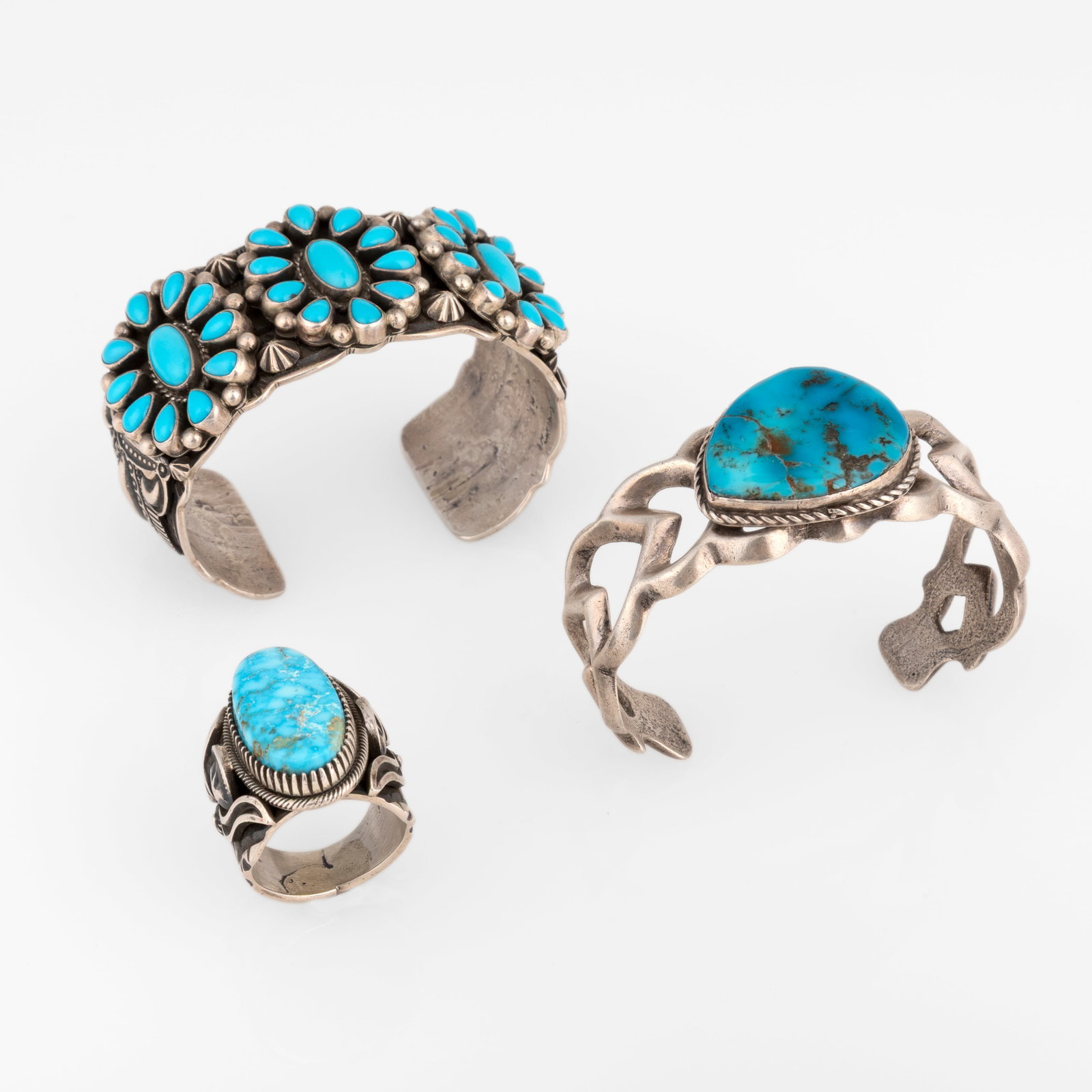 Delbert Gordon + Darryl Becenti, Suite of Three Turquoise and Silver Jewelry Items: Two Cuffs + Ring (1 of 3)