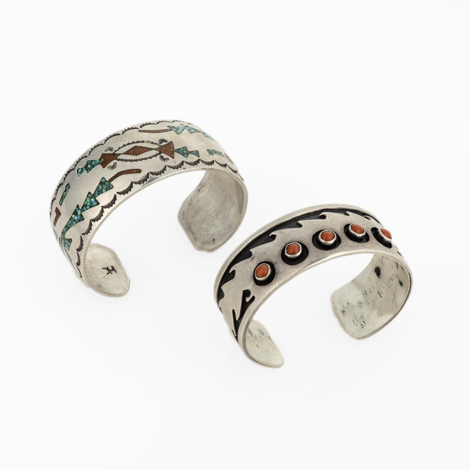 Diné (Navajo), Two Cuffs: Chip Inlay, ca. 1960 + Silver Overlay with Coral Cabochons, ca. 1970 (1 of 3)
