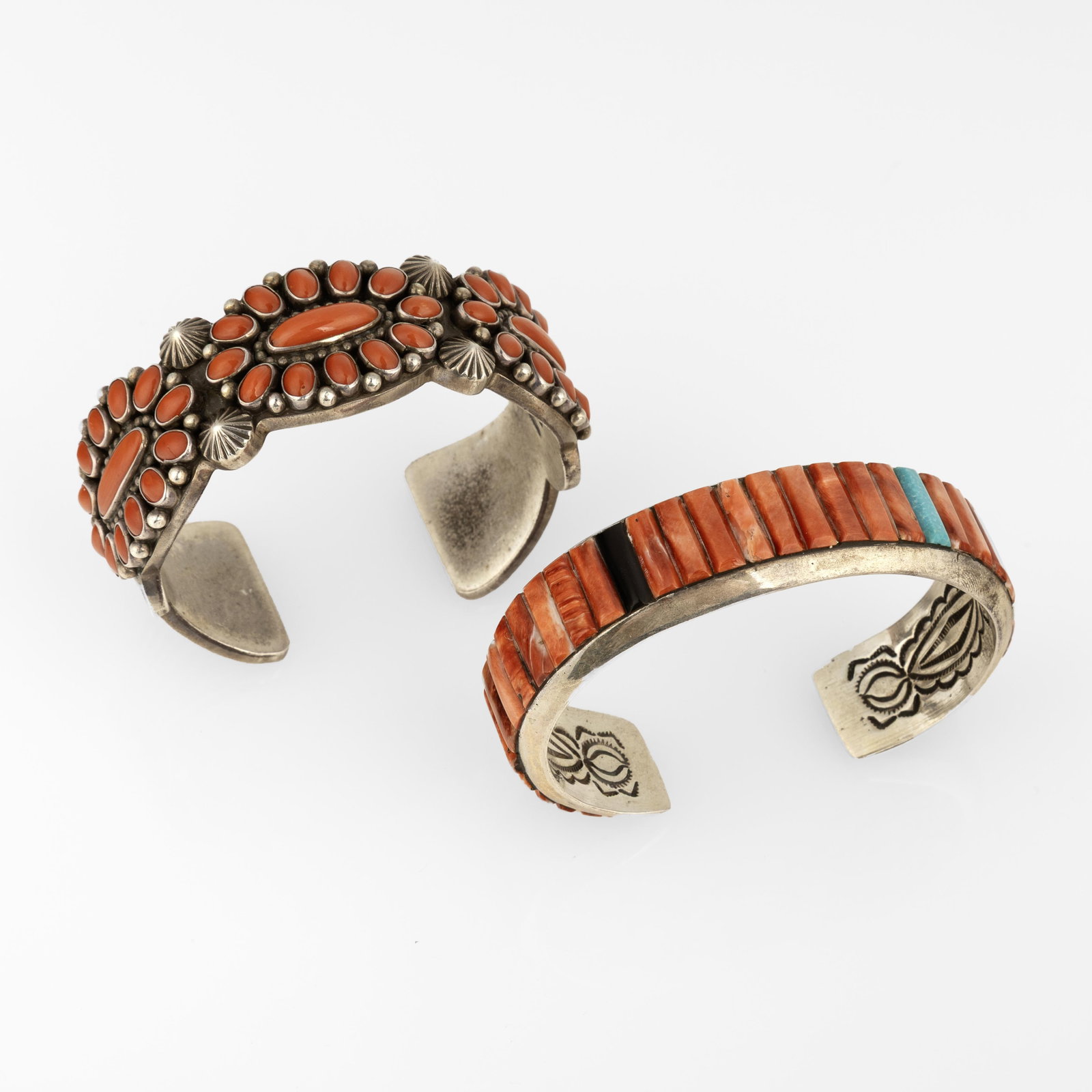 Ernest Roy Begay et al, Two Cuffs, ca. 2000: Coral Cluster + Mixed Stone Inlay: Ernest Roy Begay et al Diné (Navajo), b. 1956 Two Cuffs, ca. 2000: Coral Cluster + Mixed Stone Inlay Ernest Roy Begay Diné (Navajo), 20th/21st Century Sterling and Coral Cluster Cuff sterling