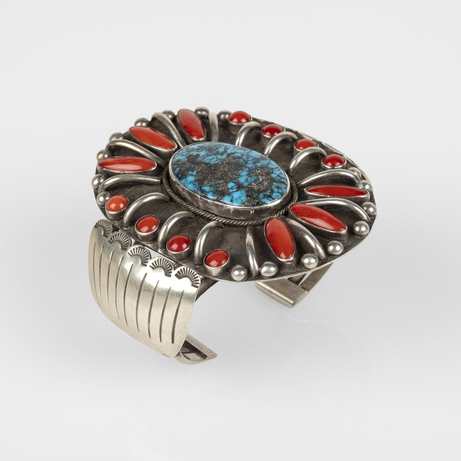 attributed Diné (Navajo), Turquoise and Coral Cuff, ca. 1975 (1 of 3)