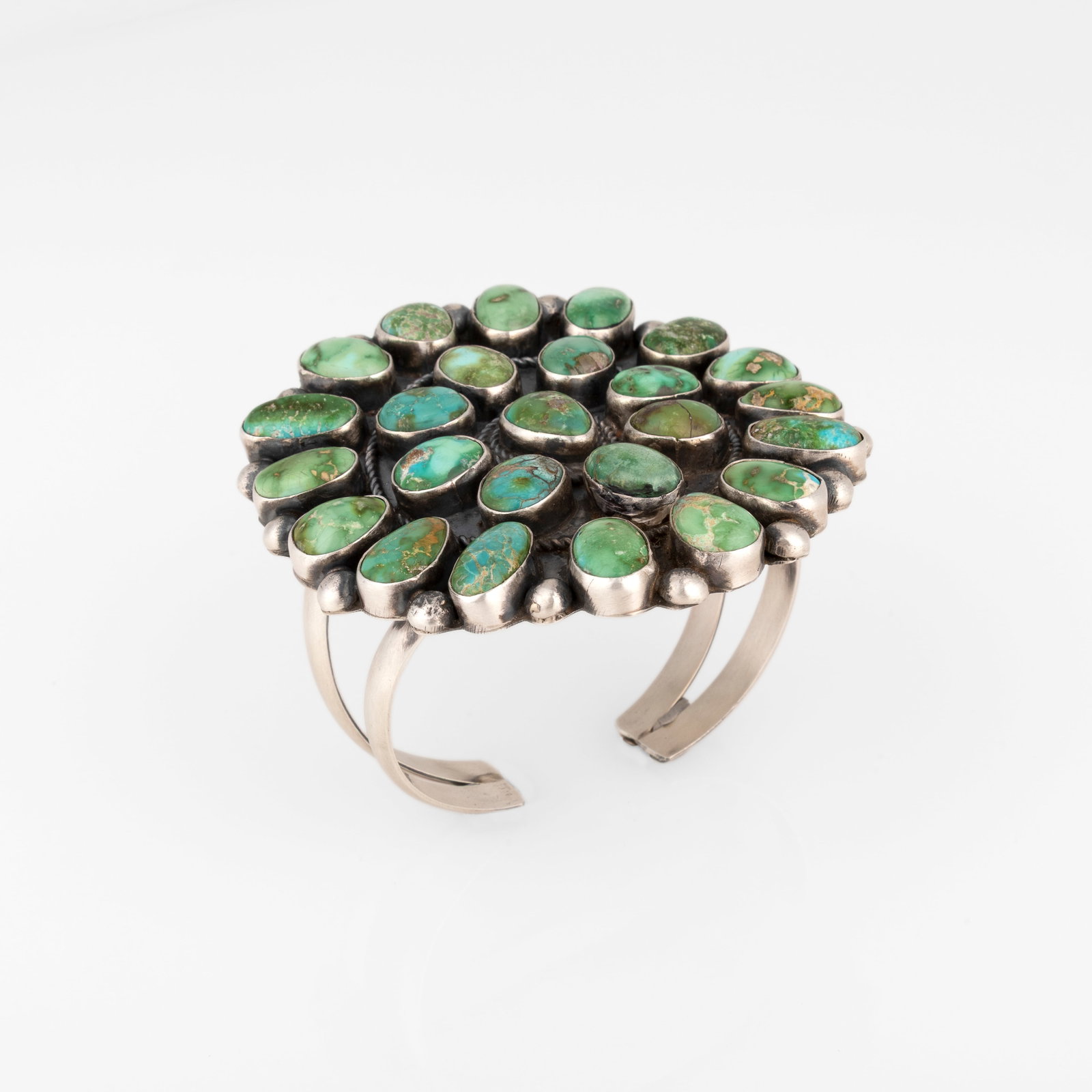Vicky Hicks, Sterling Silver and Turquoise Cluster Cuff: Vicky Hicks Diné (Navajo), 20th/21st Century Sterling Silver and Turquoise Cluster Cuff sterling silver, turquoise stamped: Vicky / Hicks / STERLING gross weight: 96 g. inner circumference: 5 3/4