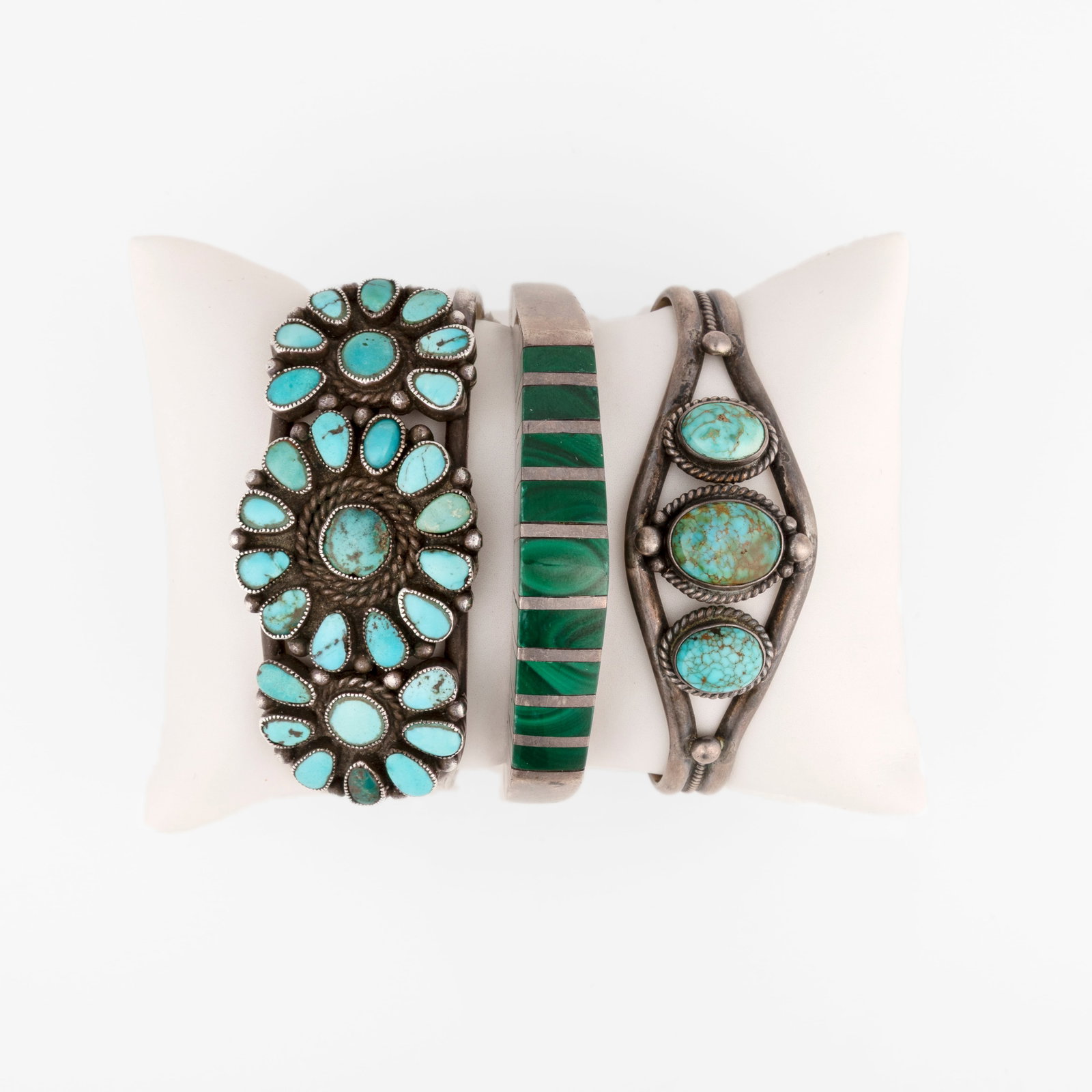 Group of Three Cuffs, ca. 1955 - 1985: Group of Three Cuffs, ca. 1955 - 1985 silver, sterling silver, malachite, turquoise Silver and Malachite Cuff stamped: CU inner circumference: 4 5/8 in. (11.7 cm.), gap: 7/8 in. (2.2 cm.), gap: 3/8