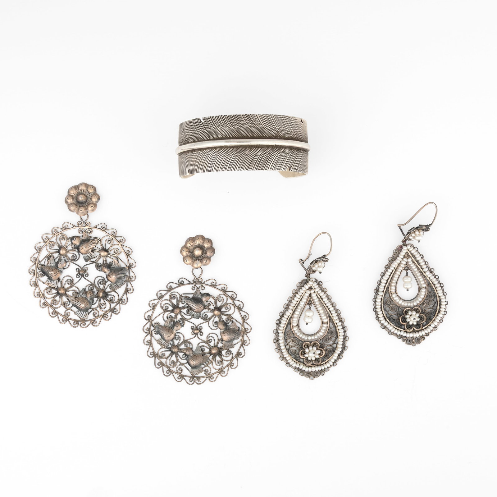 Federico Jimenez et al, Suite of Sterling Silver Jewelry Items: Two Pairs of Earrings + Cuff (1 of 2)