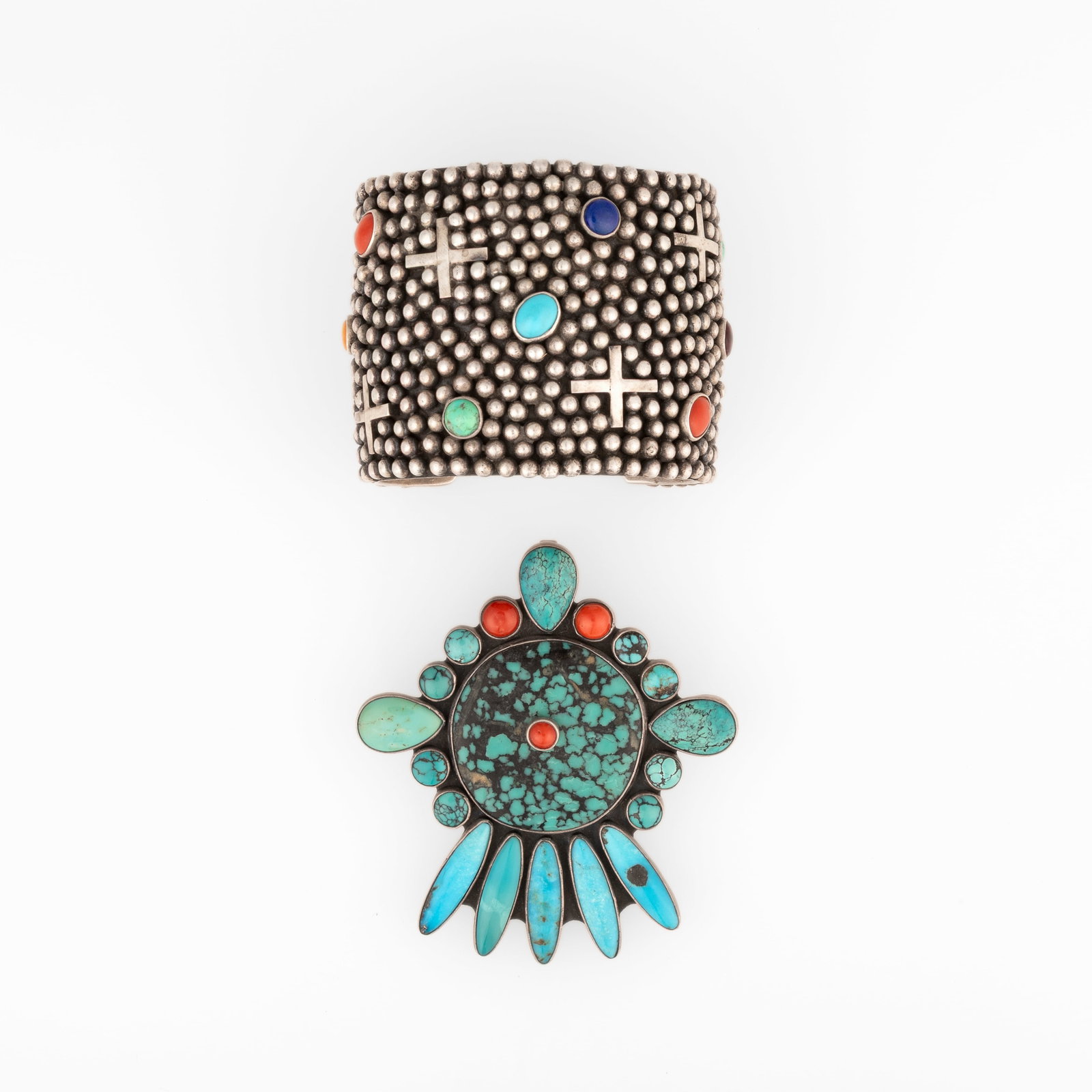 Federico Jimenez + Ronnie Willie, Two Jewelry Items: Mixed Stone Cuff + Turquoise and Coral Pendant: Federico Jimenez + Ronnie Willie Mexican + Diné (Navajo), b. 1941 + 20th Century Two Jewelry Items: Mixed Stone Cuff + Turquoise and Coral Pendant sterling silver, coral, lapis, turquoise, spiny oyst