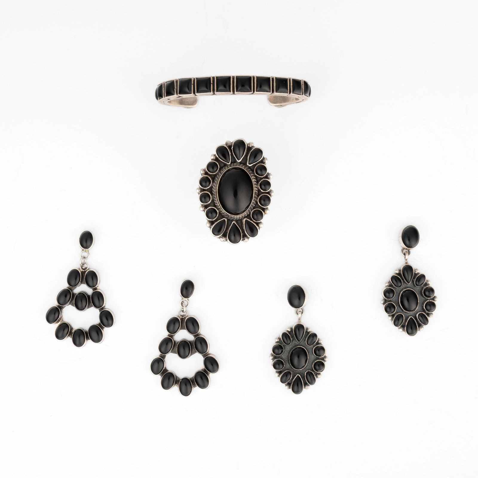 Federico Jimenez et al, Group of Jet Jewelry Items: Cuff + Ring + Two Pairs of Earrings (1 of 4)