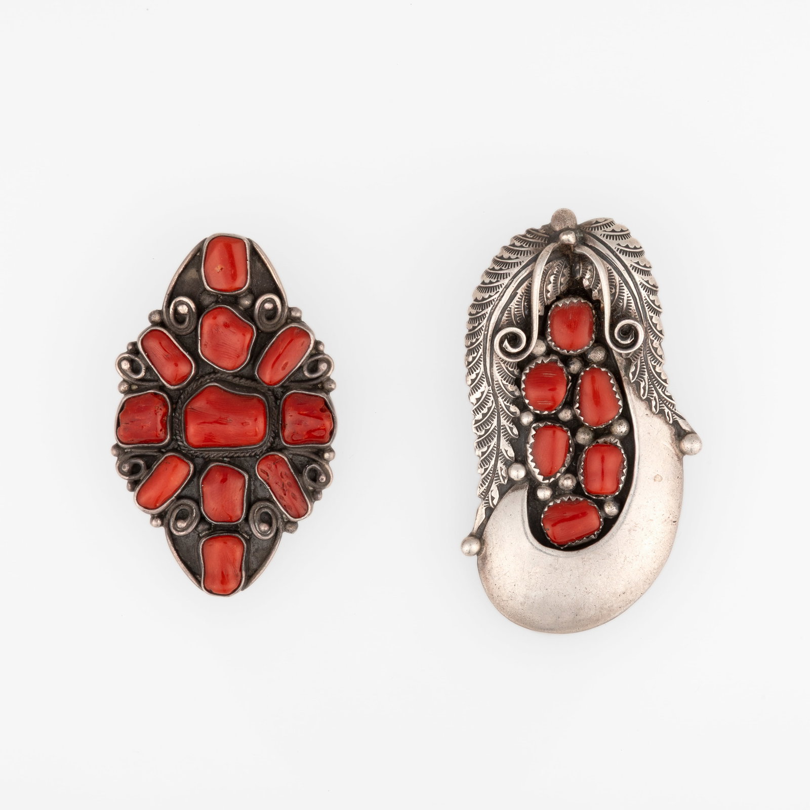 Ray [Whirling Wind] Morton et al, Two Sterling Silver and Coral Cluster Pendants