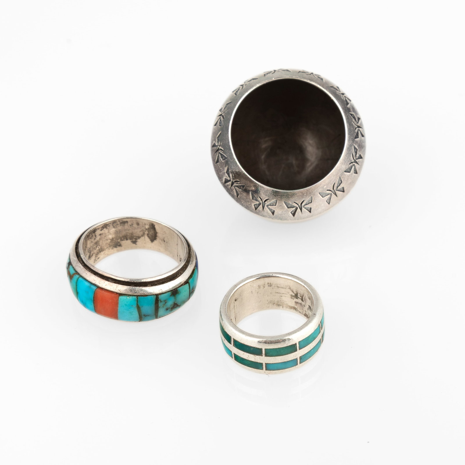 Norbert Peshlakai et al, Group of Three Silver Items: Miniature Butterfly Bowl + Two Inlay Rings (1 of 3)