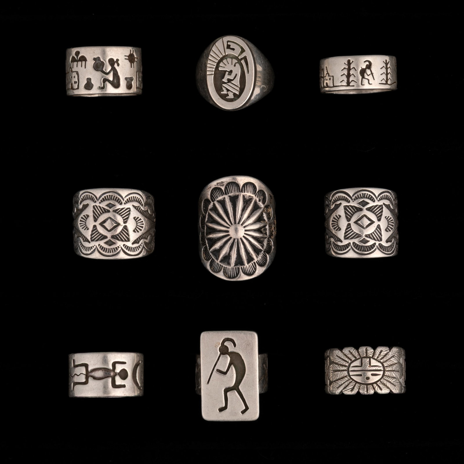 Jeremy [Raincloud] Rosetta et al, Group of Nine Stamped Silver Rings