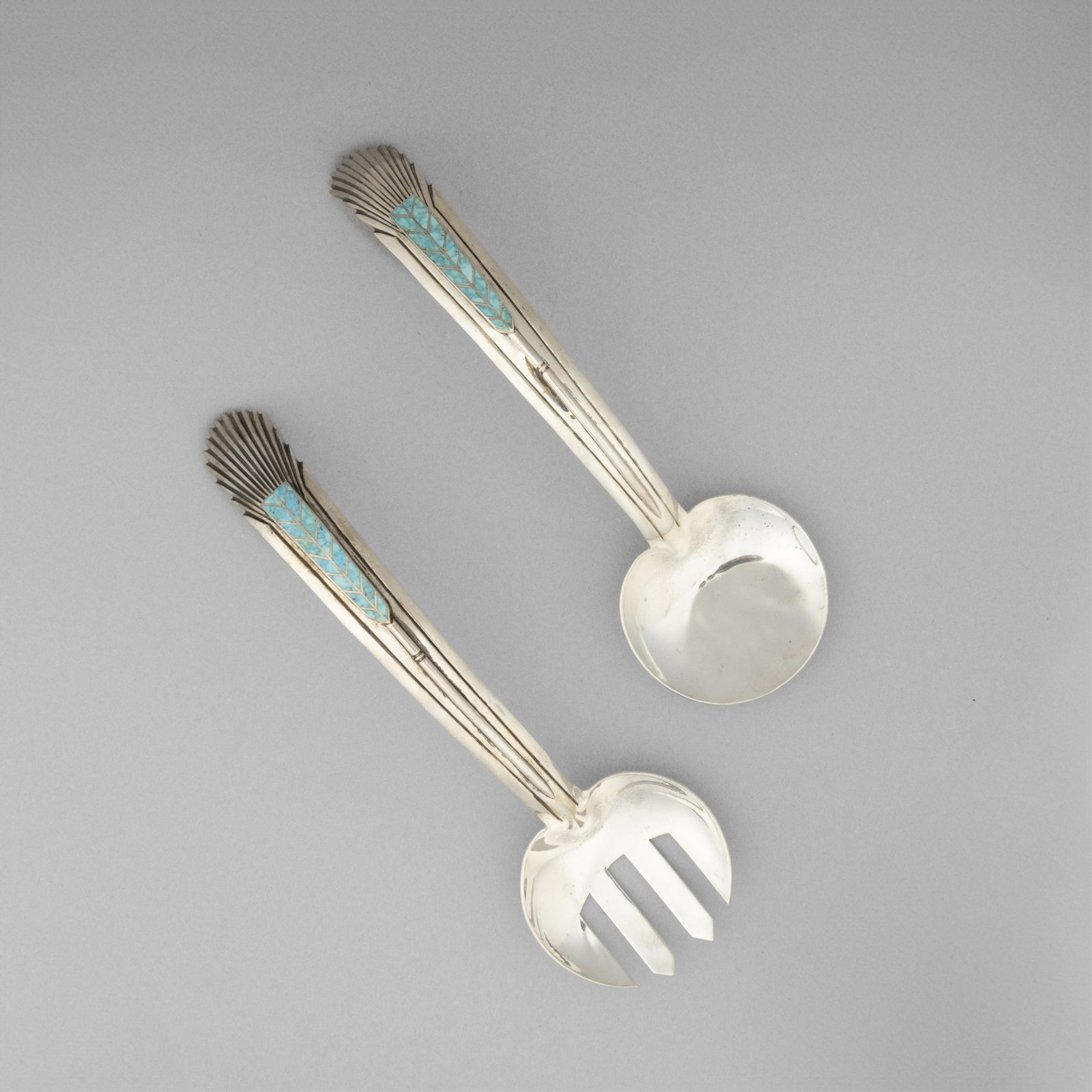 Hyson Craig, Pair of Sterling Silver and Turquoise Salad Serving Utensils, ca. 1970 (1 of 4)