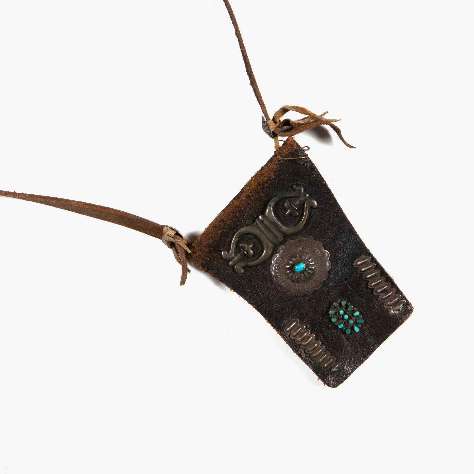 attributed Diné (Navajo), Bandolier Bag with Turquoise and Silver, ca. 1965 - 1975: attributed Diné (Navajo) Bandolier Bag with Turquoise and Silver, ca. 1965 - 1975 leather, silver, turquoise gross weight: 182 g. bag: 6 1/2 x 5 in. (16.5 x 12.7 cm.), hanging length: 31 1/2 in. (80 