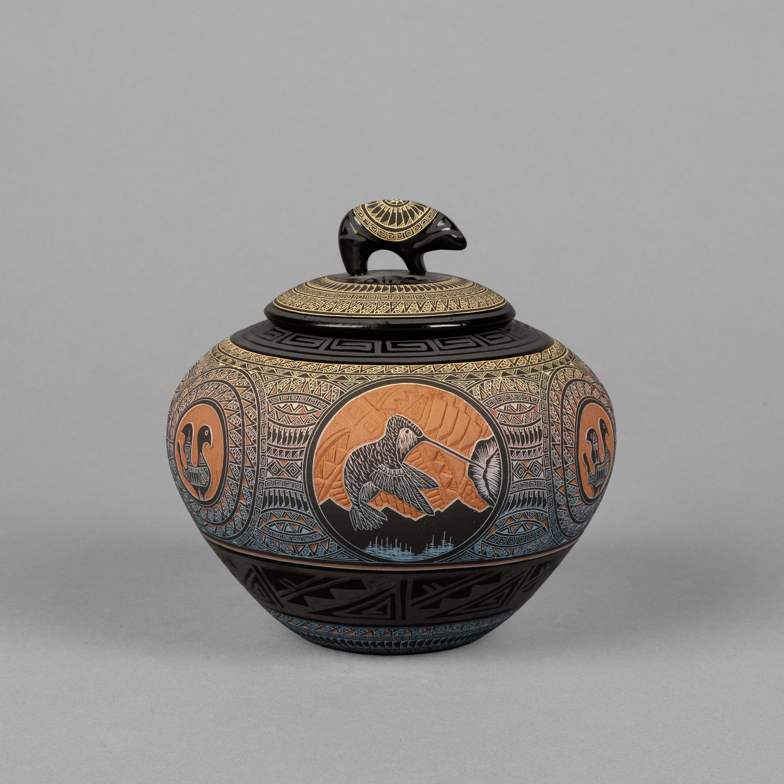 Marvin Blackmore, Sgraffito Blackware Jar with Bear Handle (1 of 4)