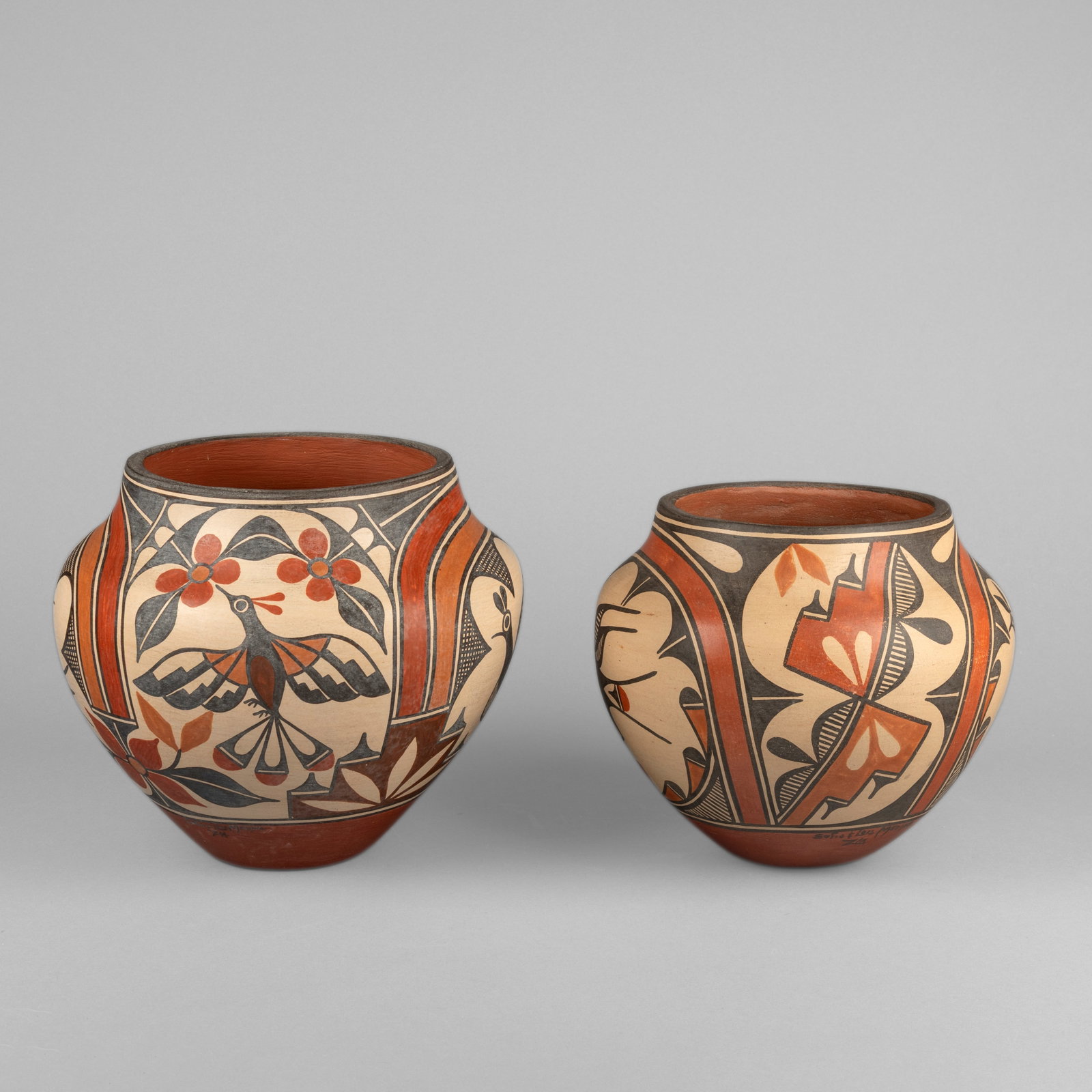 Sofia + Lois Medina, Two Polychrome Bird Motif Jars, ca. 1980 (1 of 3)
