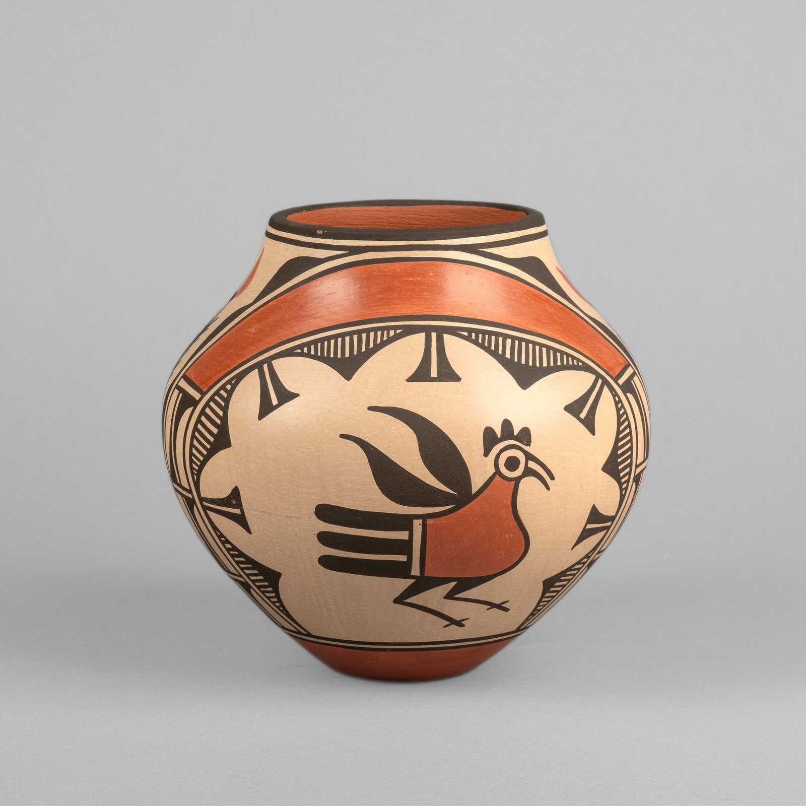 Elizabeth Medina, Polychrome Pot with Bird Motifs: Elizabeth Medina Zia, b. 1956 Polychrome Pot with Bird Motifs fired clay inscribed: Elizabeth / Medina / ZIA height: 7 5/8 x diameter: 7 3/4 in. (19.4 x 19.7 cm.) Private Collection, Nevada