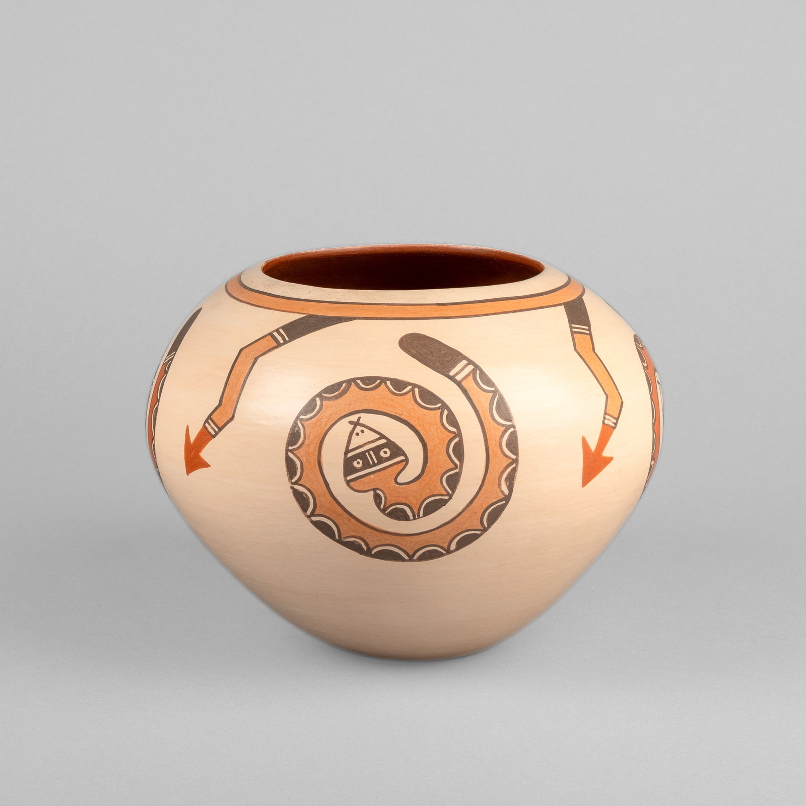 Tom Dickerson, Polychrome Pot with Snake Designs, 1986: Tom Dickerson 1933 - 2019 Polychrome Pot with Snake Designs, 1986 fired clay inscribed: TOM / DICKERSON / 1986 height: 7 x diameter: 9 1/2 in. (17.8 x 24.1 cm.) Private Collection, China