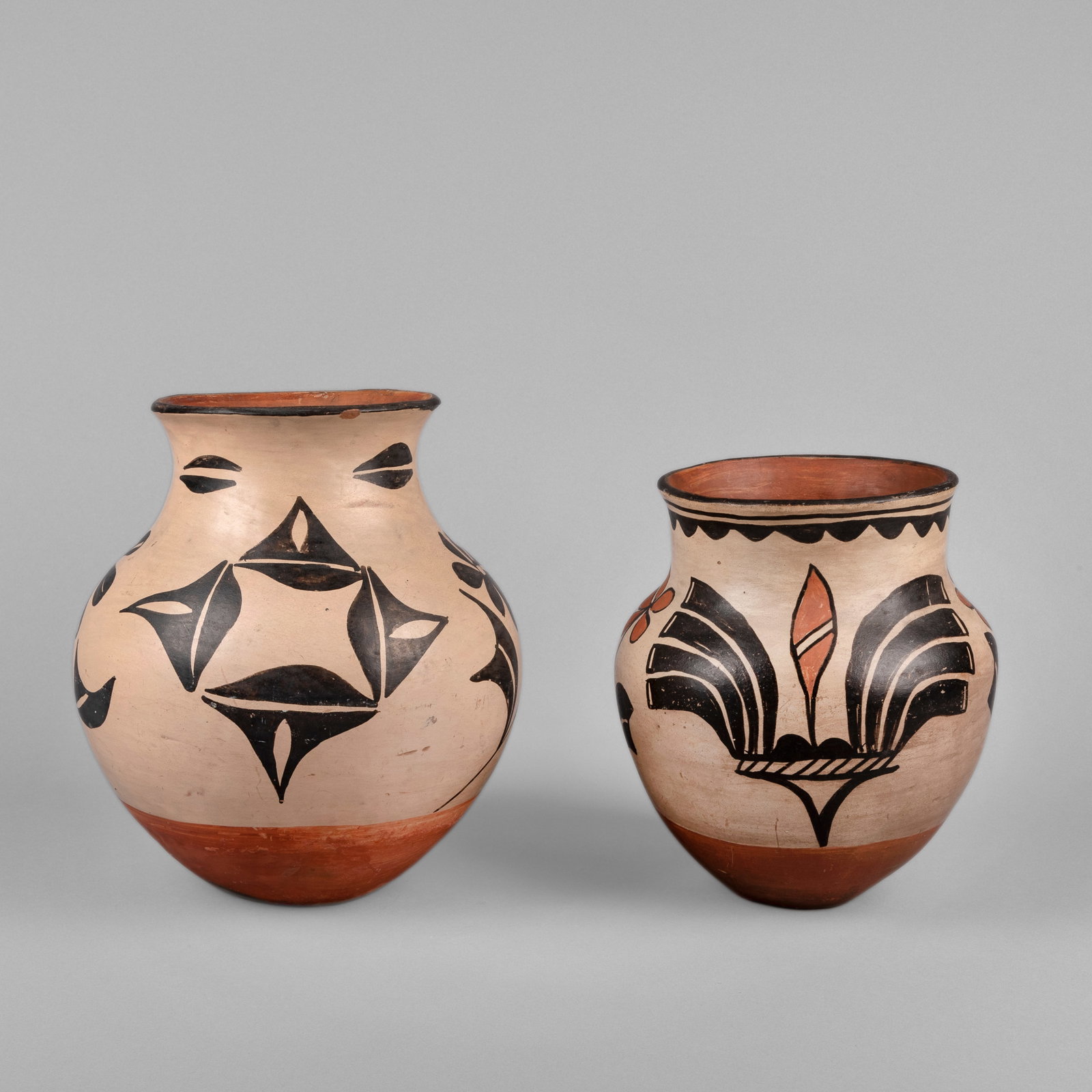 Kewa (Santo Domingo), Two Polychrome Pots, ca. 1920 (1 of 3)