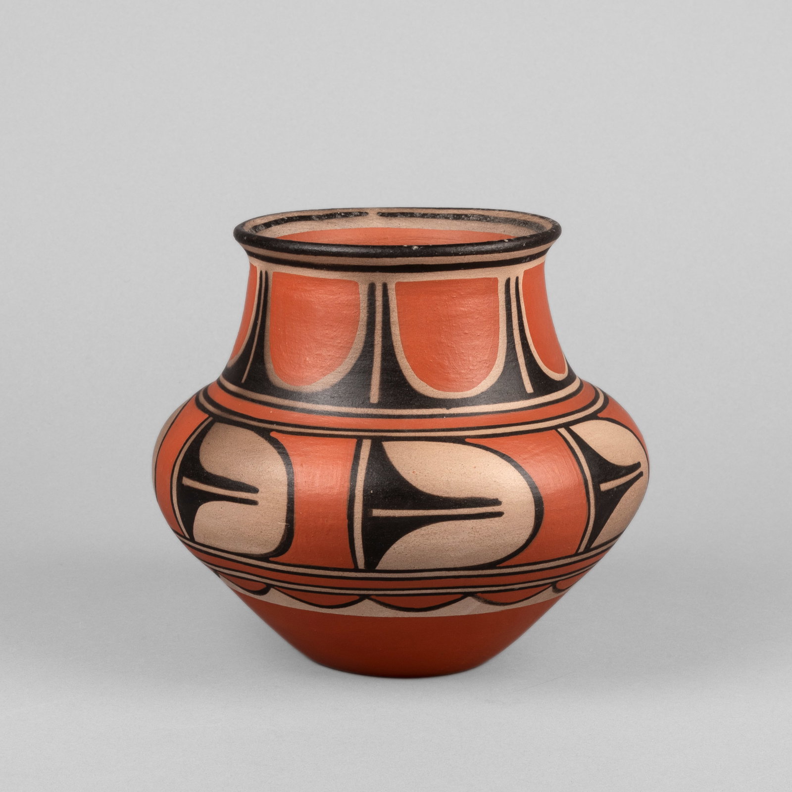 Robert Tenorio, Polychrome Jar: Robert Tenorio Kewa (Santo Domingo), b. 1950 Polychrome Jar fired clay inscribed: [artist's cipher] / RobErt TENoRio / SAnto / Domingo / PuEblo / M.M. height: 7 1/2 x diameter: 8 1/2 in. (19.1 x 21.6 
