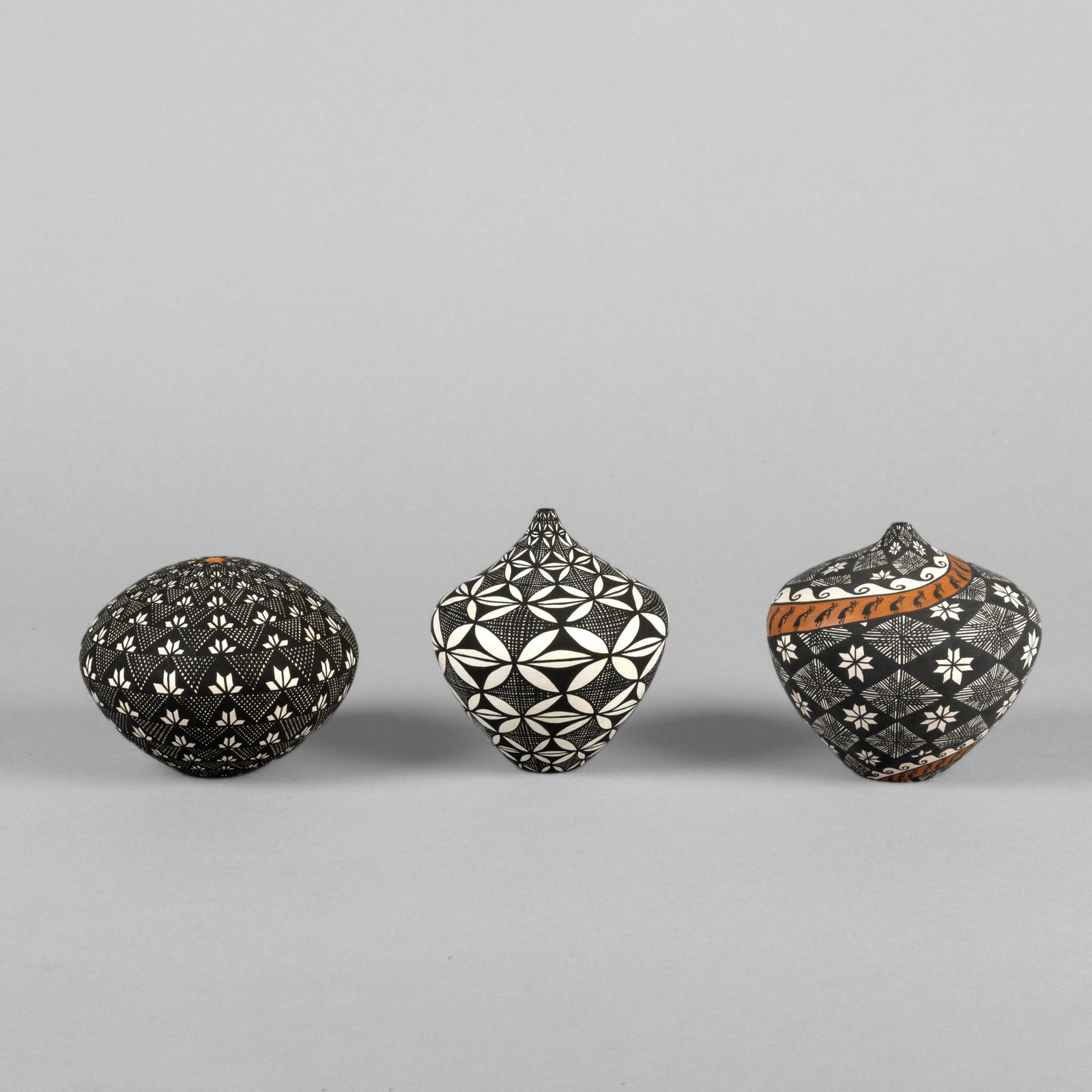 Sandra Victorino, Group of Three: Two Small Neck Jars + Seed Pot with Geometric Designs (1 of 4)